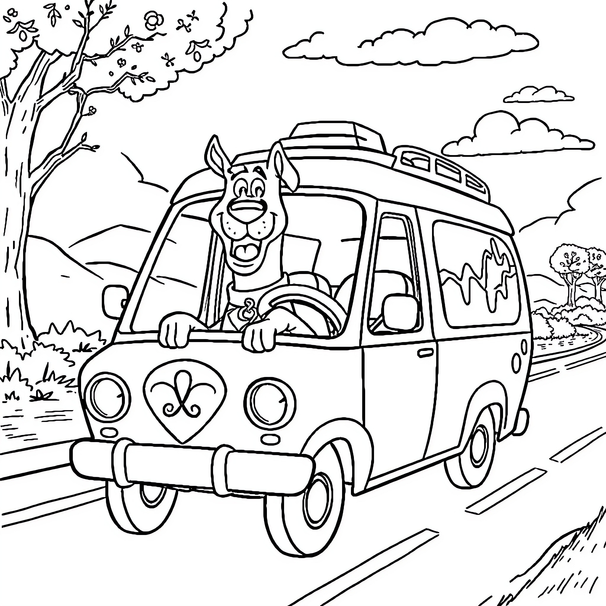 Scooby Doo driving a colorful van through the countryside Coloring Page (free black-and-white line drawing printable PDF for all, from beginners to advanced learners, including children, teens, adults, and seniors)