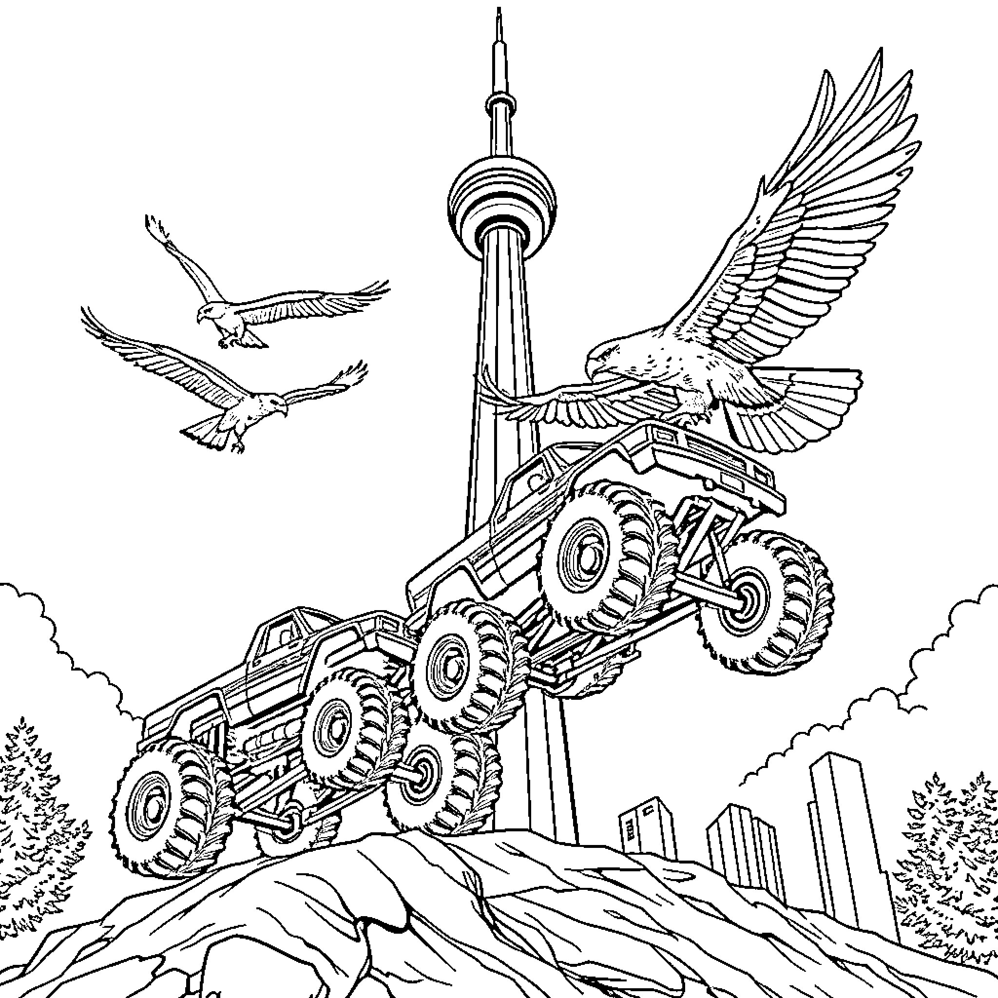 Monster Truck Soaring over City Skyline with Eagles Coloring Page (free black-and-white line drawing printable PDF for all, from beginners to advanced learners, including children, teens, adults, and seniors)