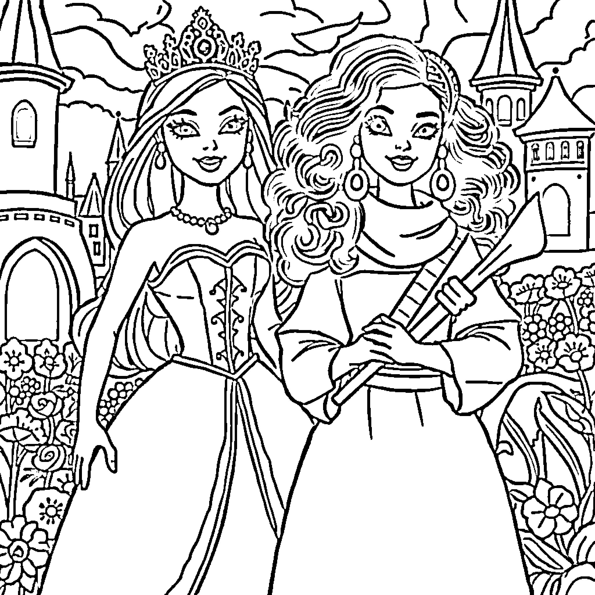 Barbie princesses posing in a fantasy castle scene Coloring Page (free black-and-white line drawing printable PDF for all, from beginners to advanced learners, including children, teens, adults, and seniors)