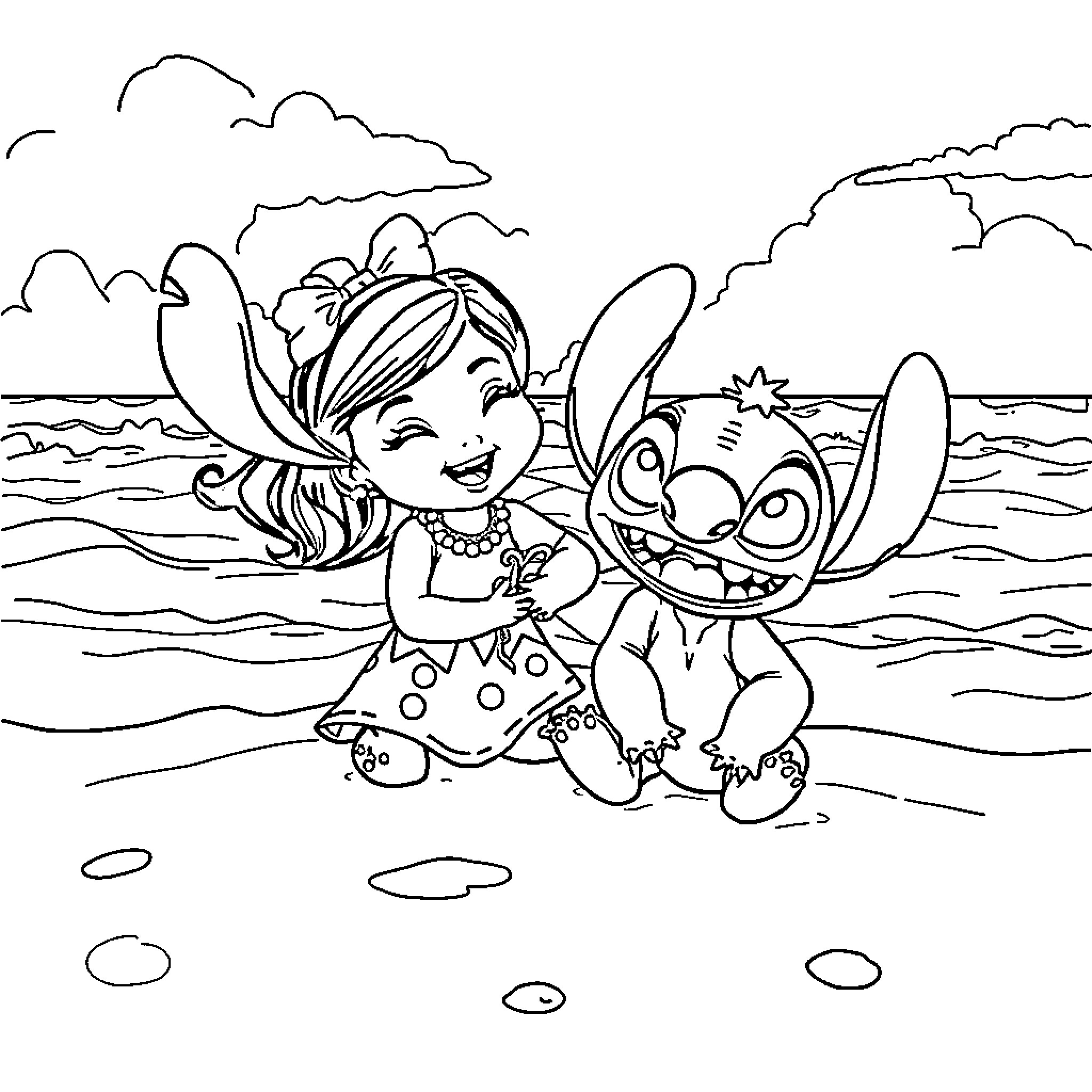 Lilo and Stitch playing happily on the beach Coloring Page (free black-and-white line drawing printable PDF for all, from beginners to advanced learners, including children, teens, adults, and seniors)