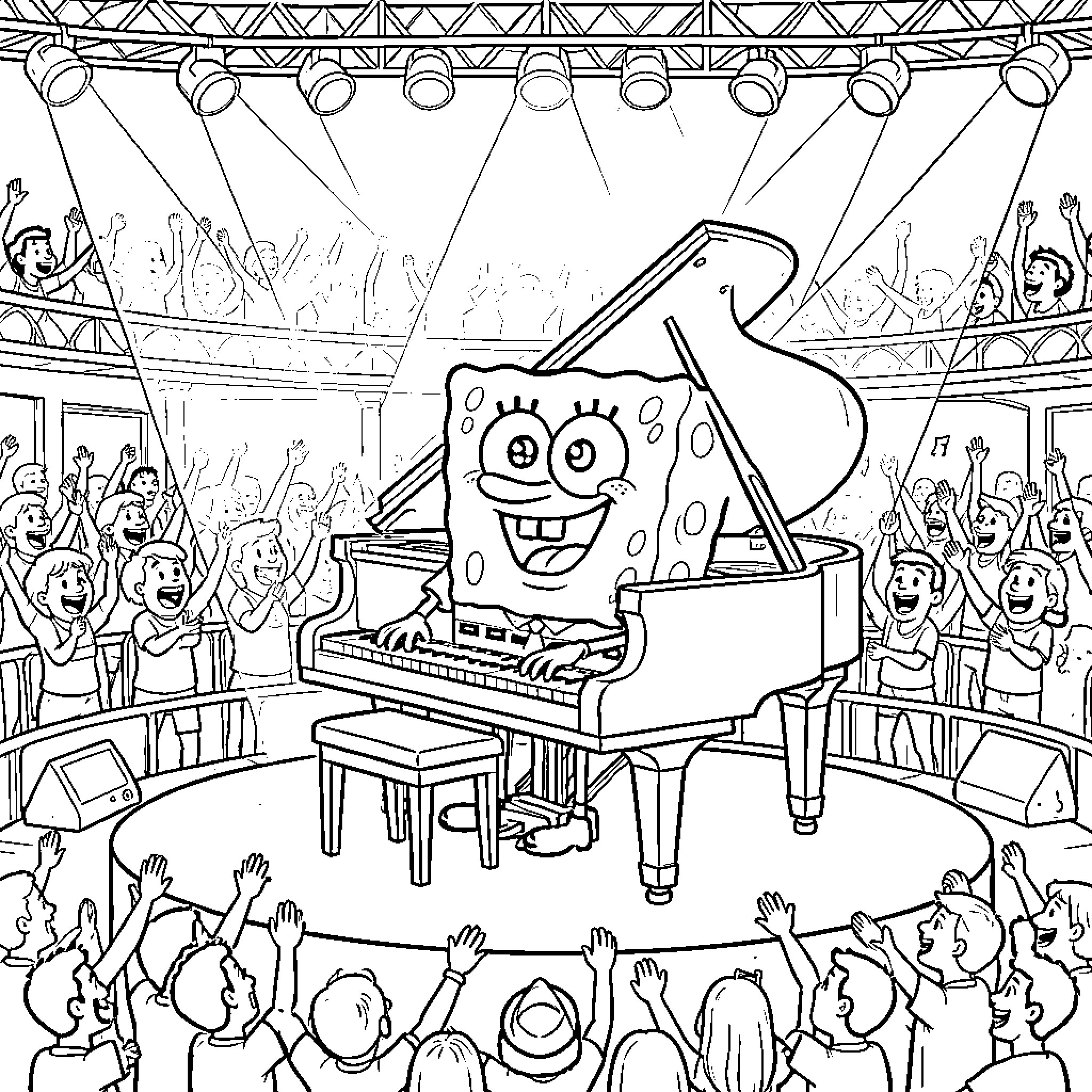 Spongebob playing piano for a cheering crowd Coloring Page (free black-and-white line drawing printable PDF for all, from beginners to advanced learners, including children, teens, adults, and seniors)