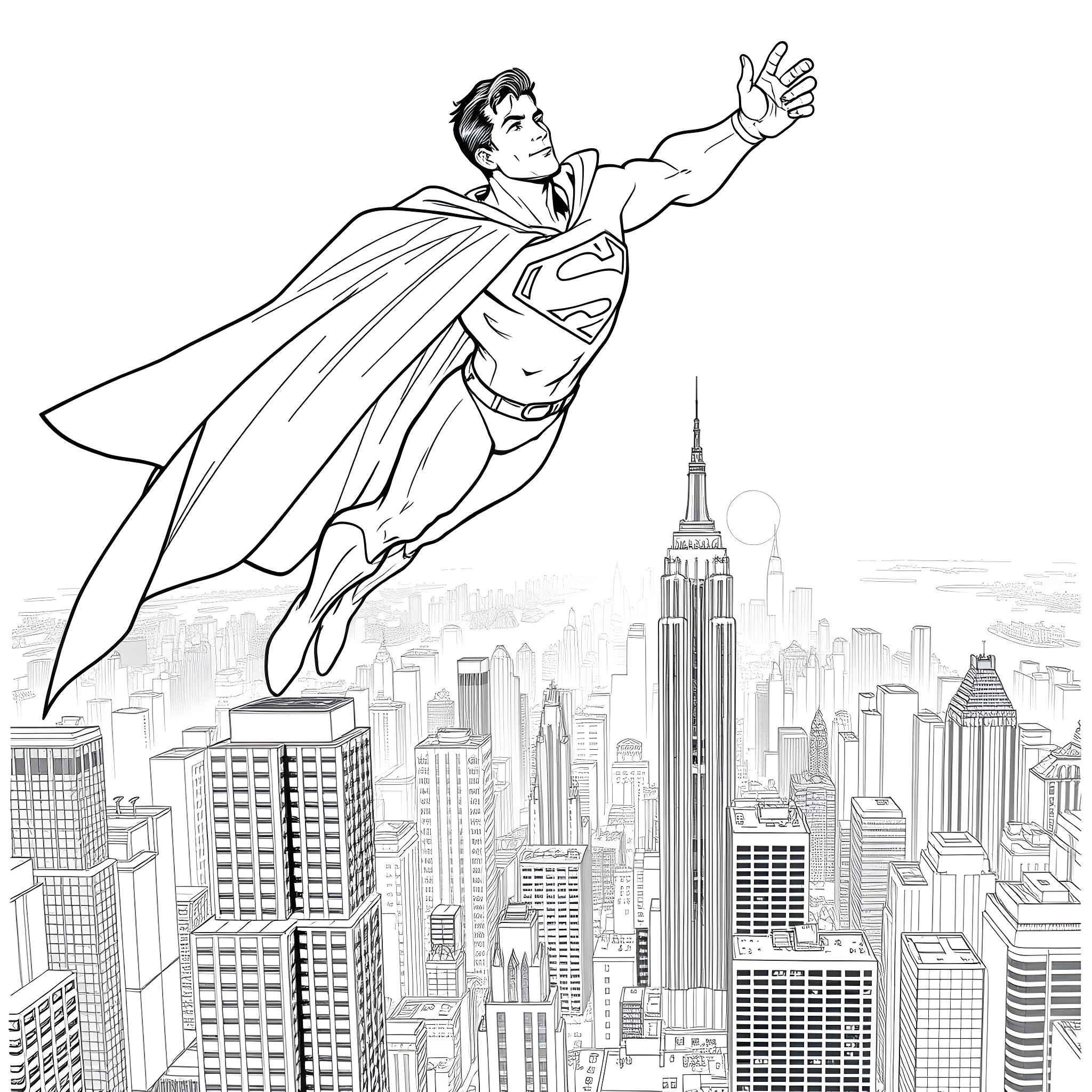 Superman soaring over the bustling city skyline Coloring Page (free black-and-white line drawing printable PDF for all, from beginners to advanced learners, including children, teens, adults, and seniors)