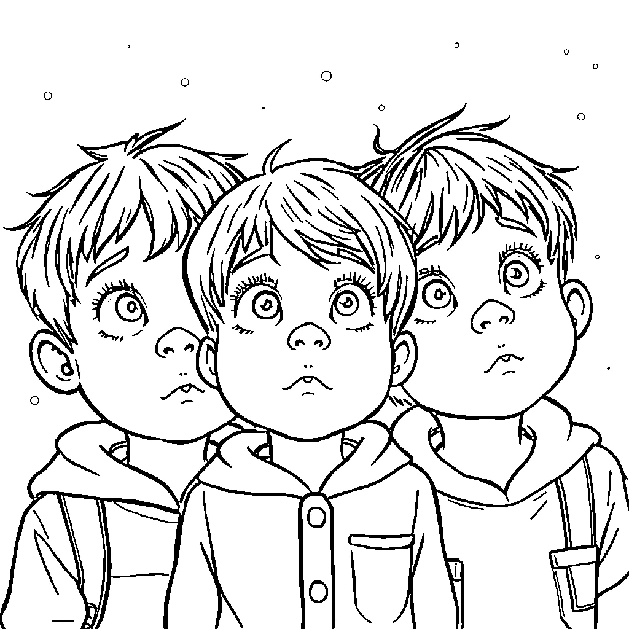 Child trio in school uniforms with curious expressions Coloring Page (free black-and-white line drawing printable PDF for all, from beginners to advanced learners, including children, teens, adults, and seniors)