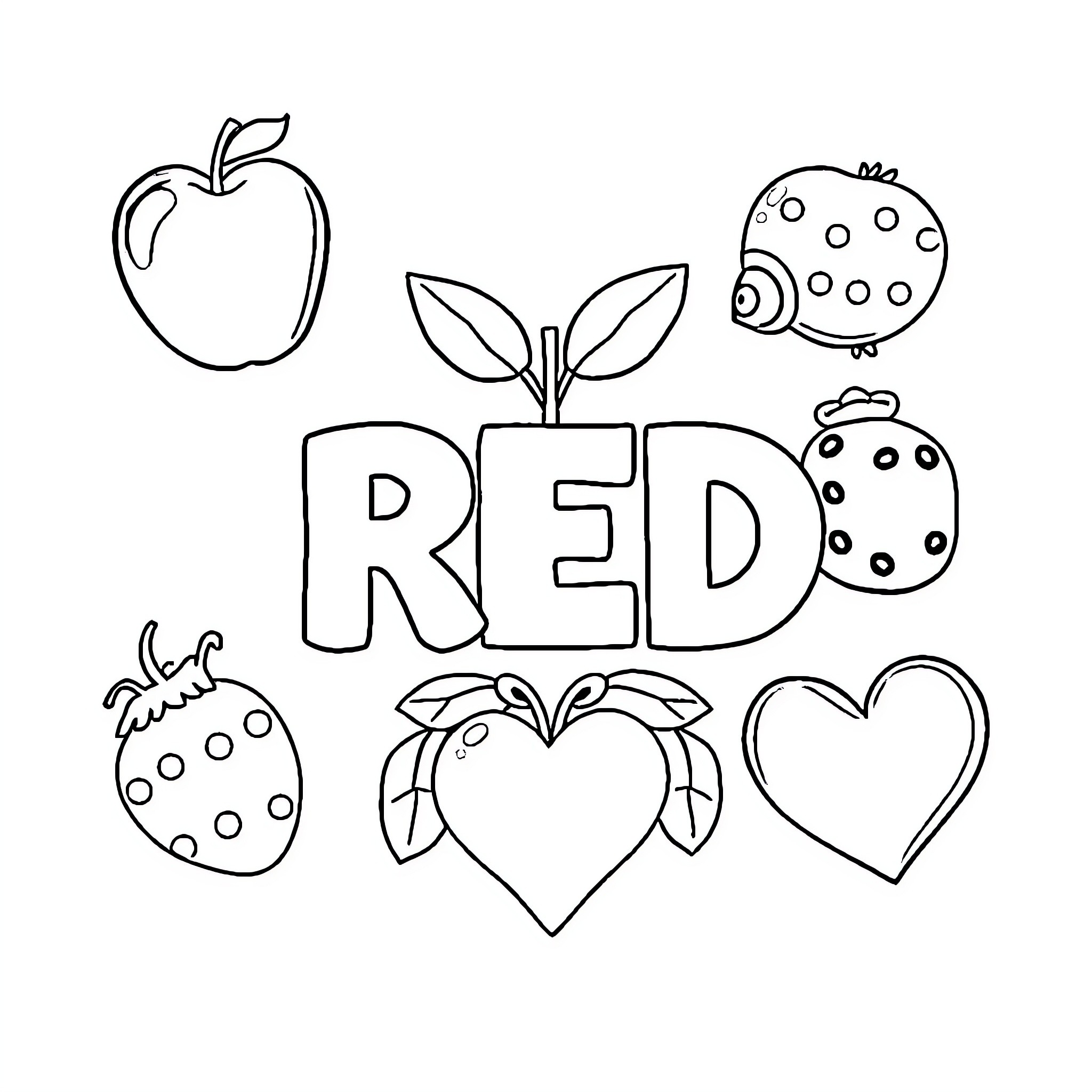 Red objects, shapes, and symbols Coloring Page (free black-and-white line drawing printable PDF for all, from beginners to advanced learners, including children, teens, adults, and seniors)