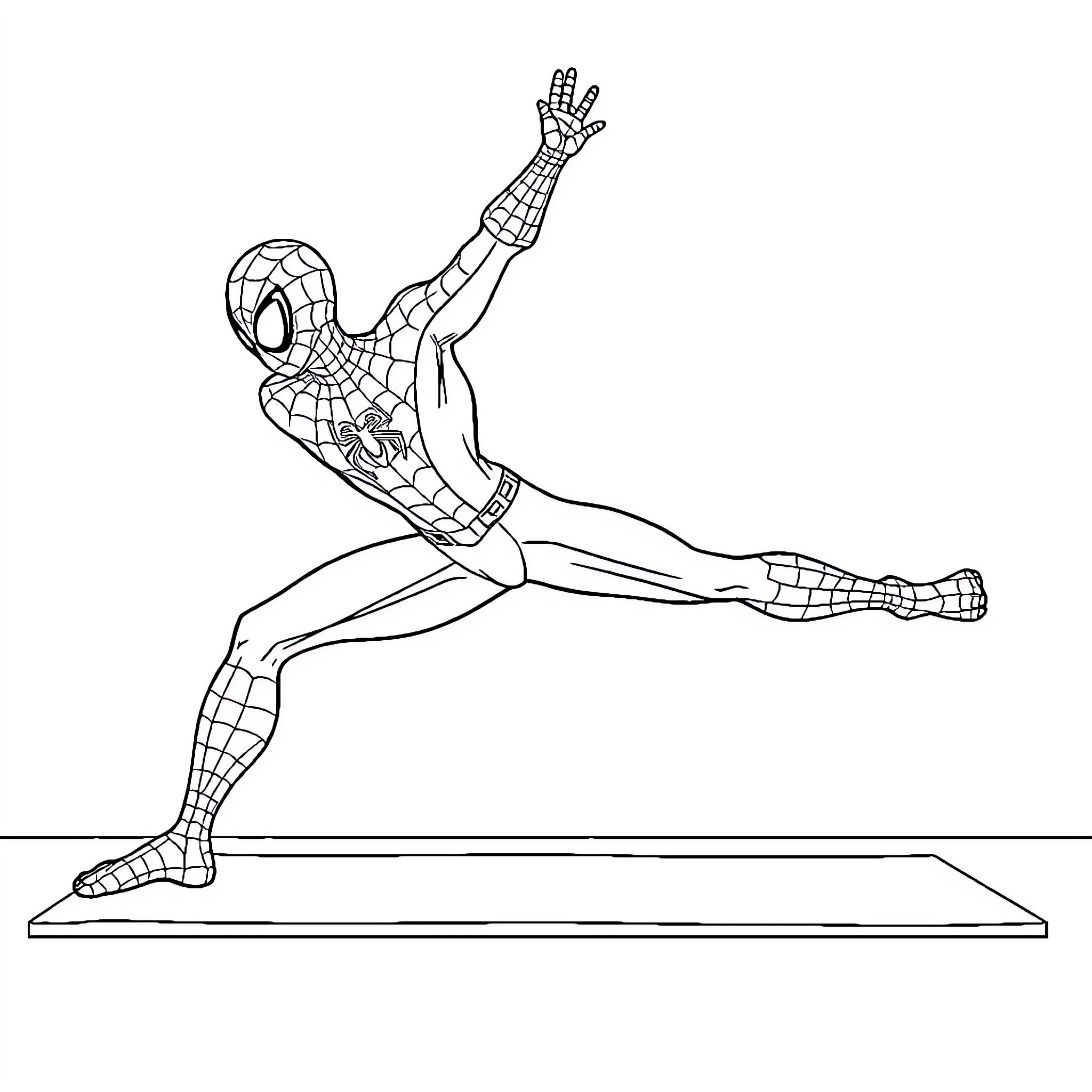 Spider-Man performing acrobatic pose on a platform Coloring Page (free black-and-white line drawing printable PDF for all, from beginners to advanced learners, including children, teens, adults, and seniors)