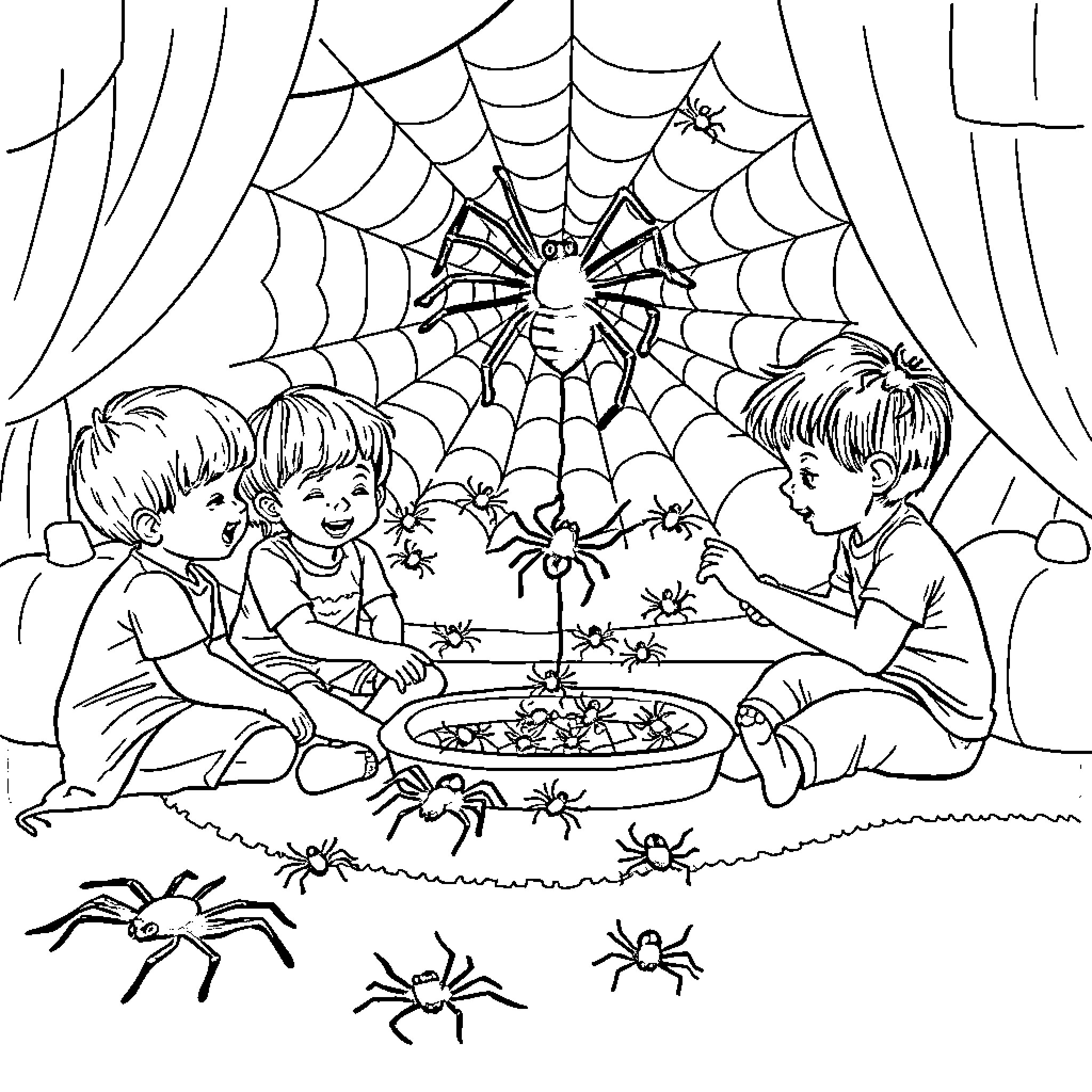 Spider Friends Playing Happily in the Backyard Coloring Page (free black-and-white line drawing printable PDF for all, from beginners to advanced learners, including children, teens, adults, and seniors)