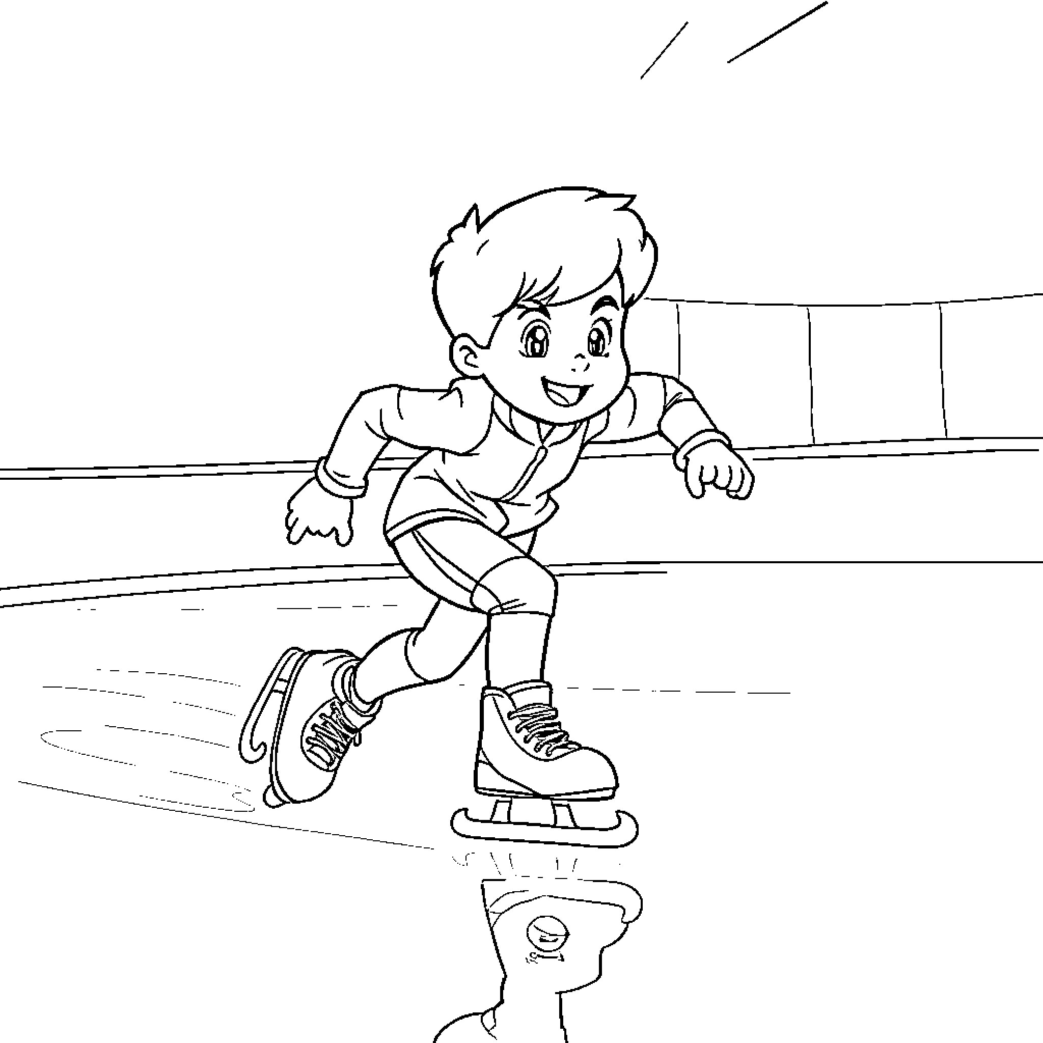 Kid ice skating on a rink Coloring Page (free black-and-white line drawing printable PDF for all, from beginners to advanced learners, including children, teens, adults, and seniors)