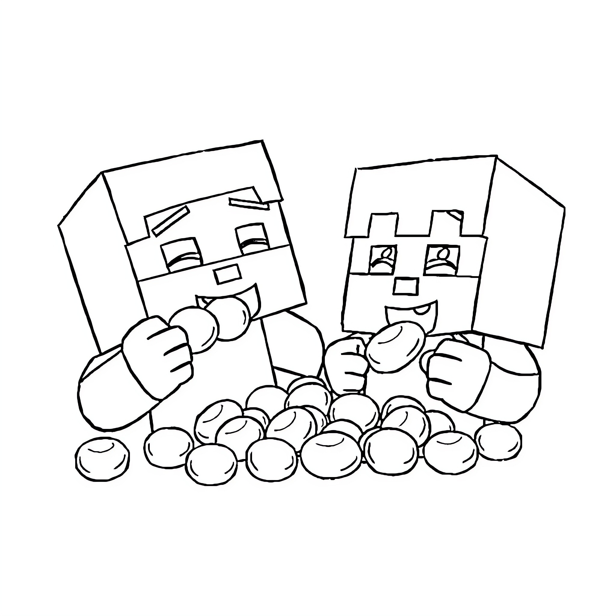 Minecraft Characters Collecting Resources Coloring Page (free black-and-white line drawing printable PDF for all, from beginners to advanced learners, including children, teens, adults, and seniors)