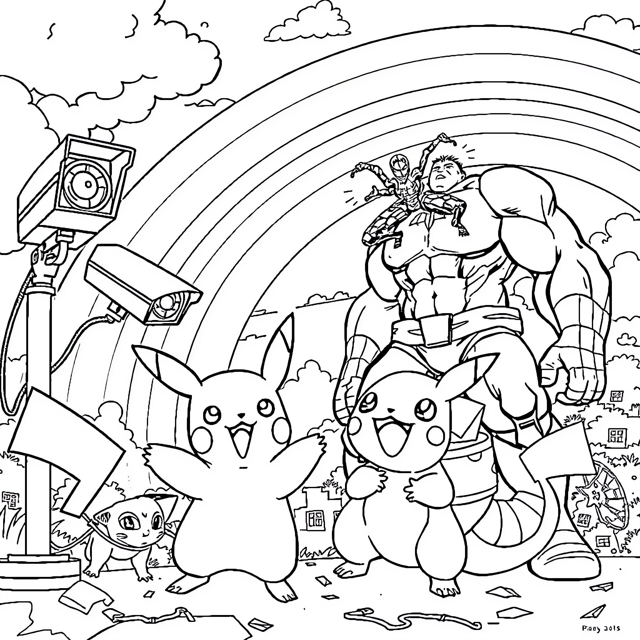 Pikachu and friends on a colorful adventure Coloring Page (free black-and-white line drawing printable PDF for all, from beginners to advanced learners, including children, teens, adults, and seniors)