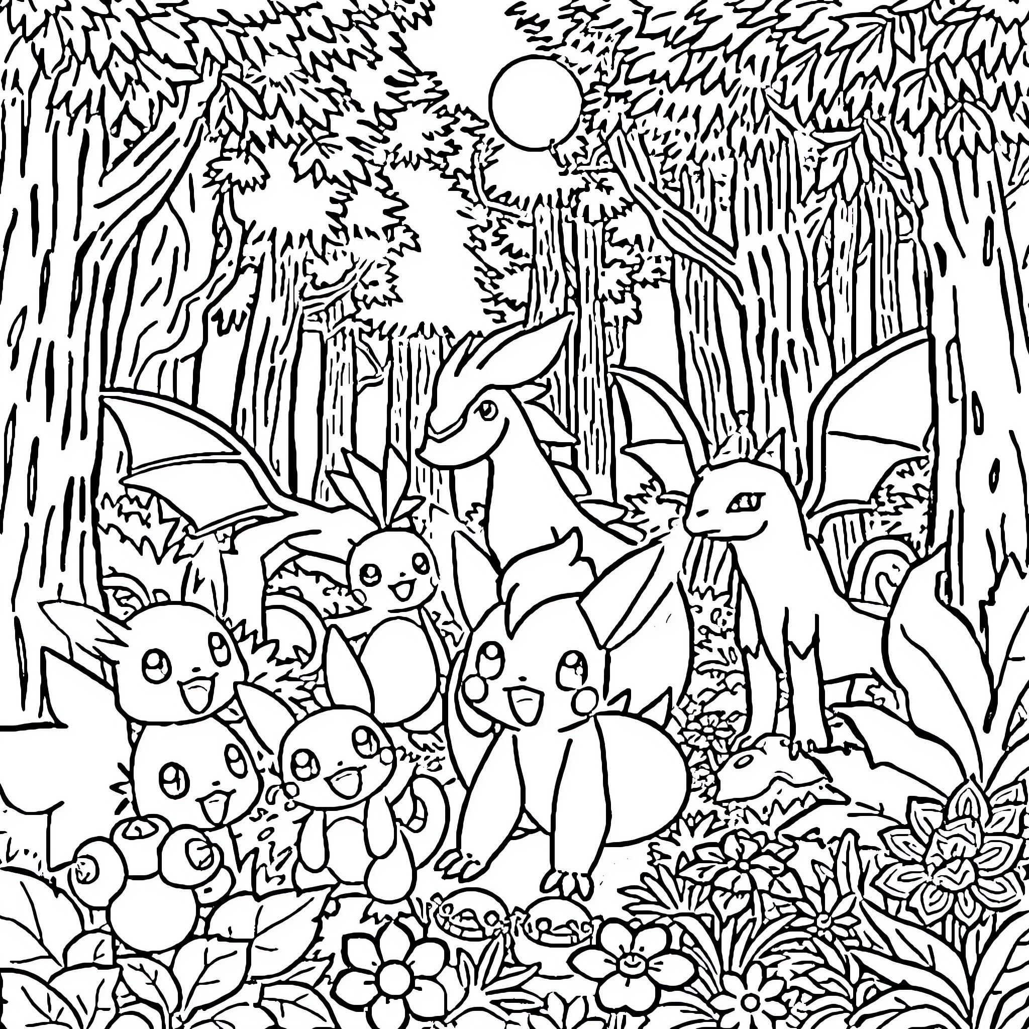 Pokémon characters exploring the forest Coloring Page (free black-and-white line drawing printable PDF for all, from beginners to advanced learners, including children, teens, adults, and seniors)