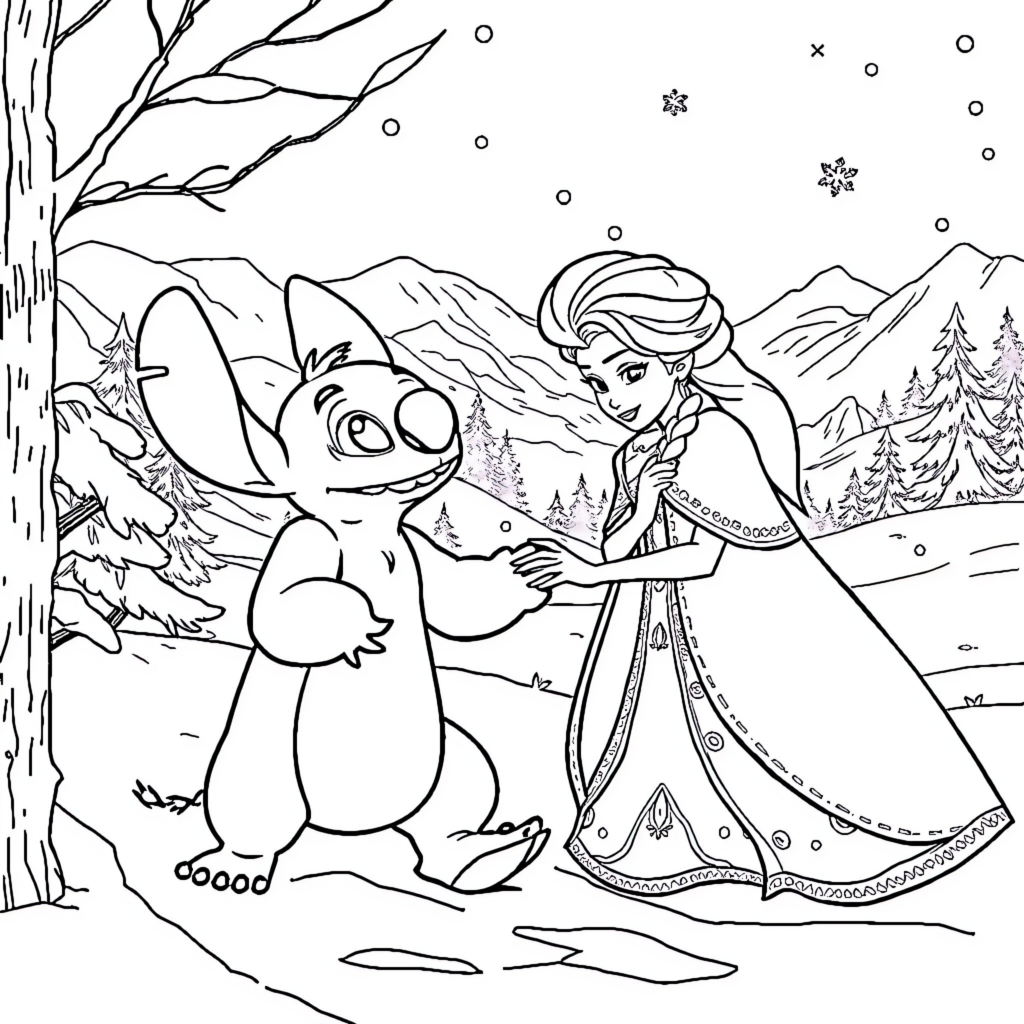 Stitch and Elsa playing in the winter wonderland Coloring Page (free black-and-white line drawing printable PDF for all, from beginners to advanced learners, including children, teens, adults, and seniors)