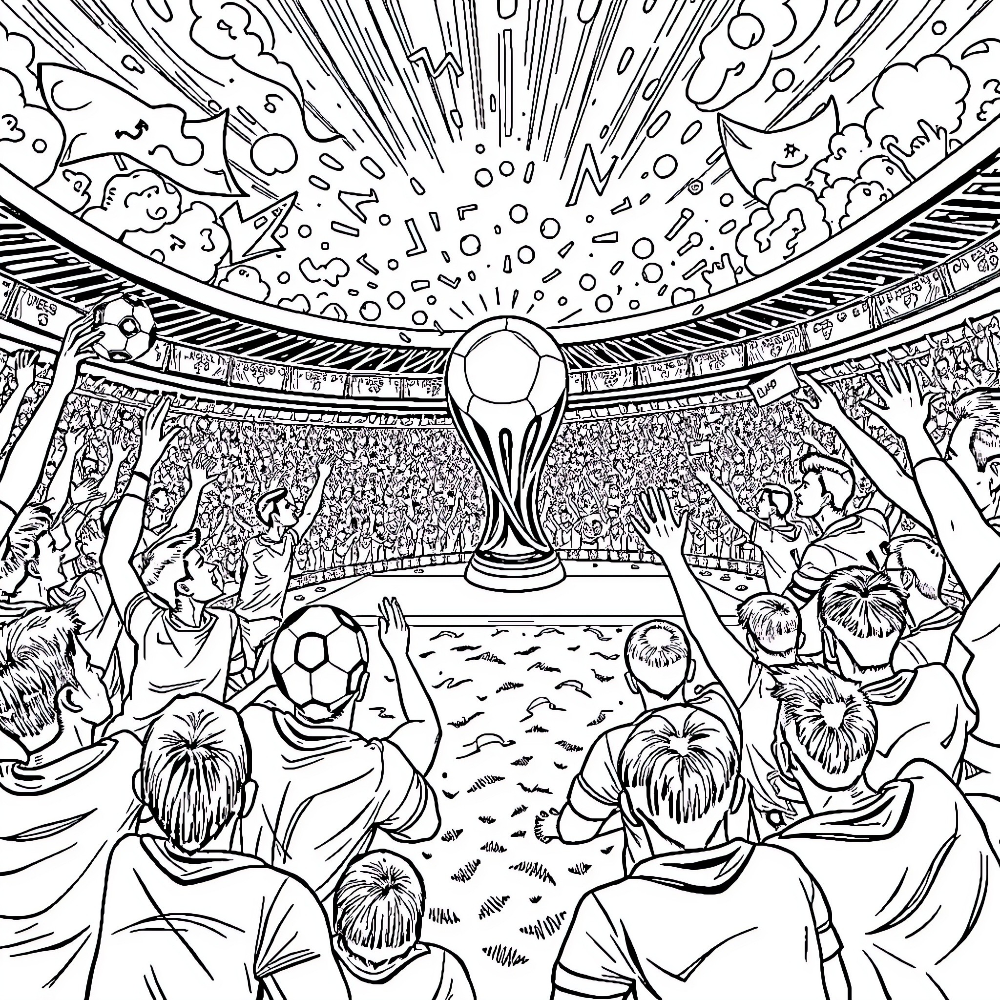 Cup of Champions in Thrilling Football Stadium Coloring Page (free black-and-white line drawing printable PDF for all, from beginners to advanced learners, including children, teens, adults, and seniors)