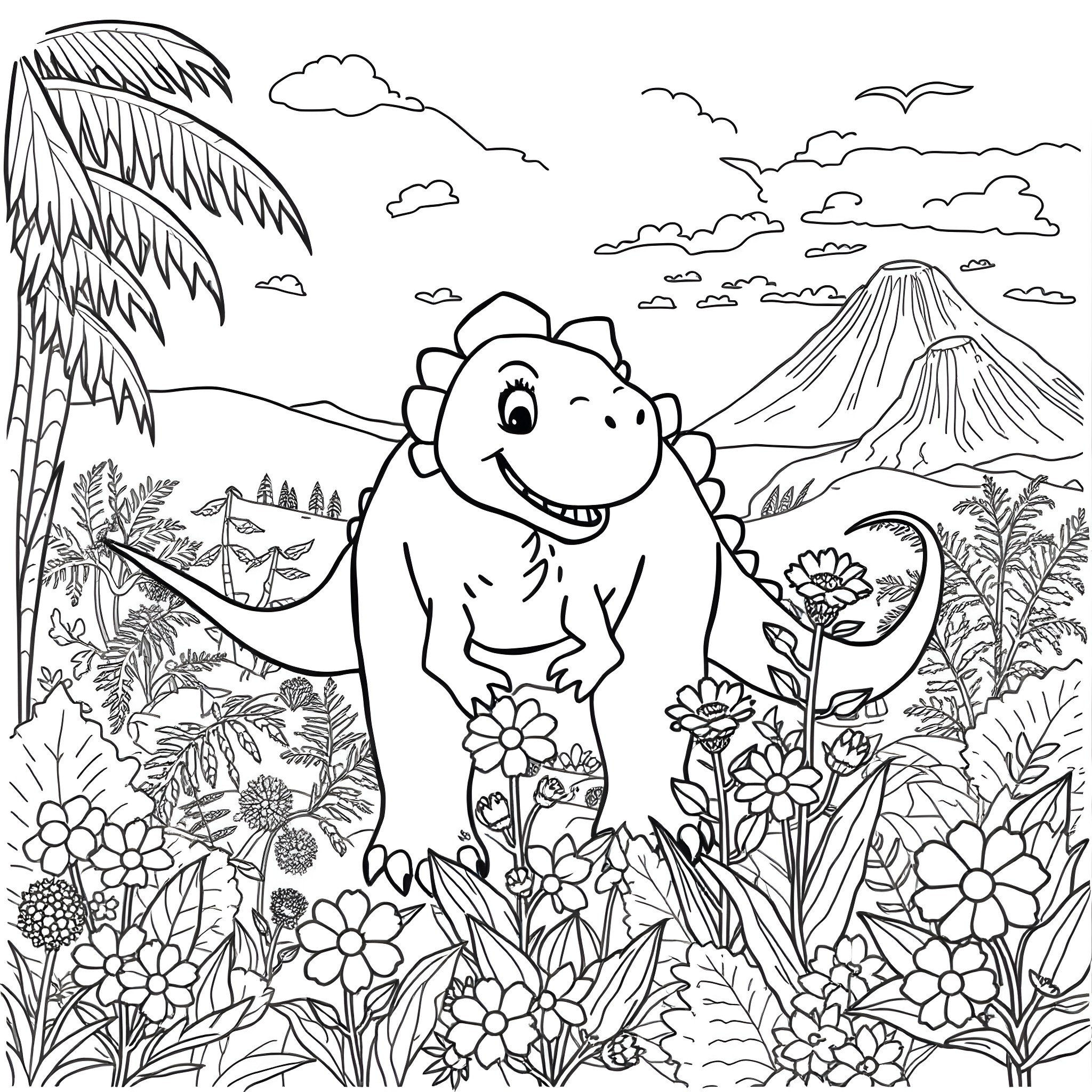 Dinosaur Exploring the Vibrant Prehistoric Landscape Coloring Page (free black-and-white line drawing printable PDF for all, from beginners to advanced learners, including children, teens, adults, and seniors)