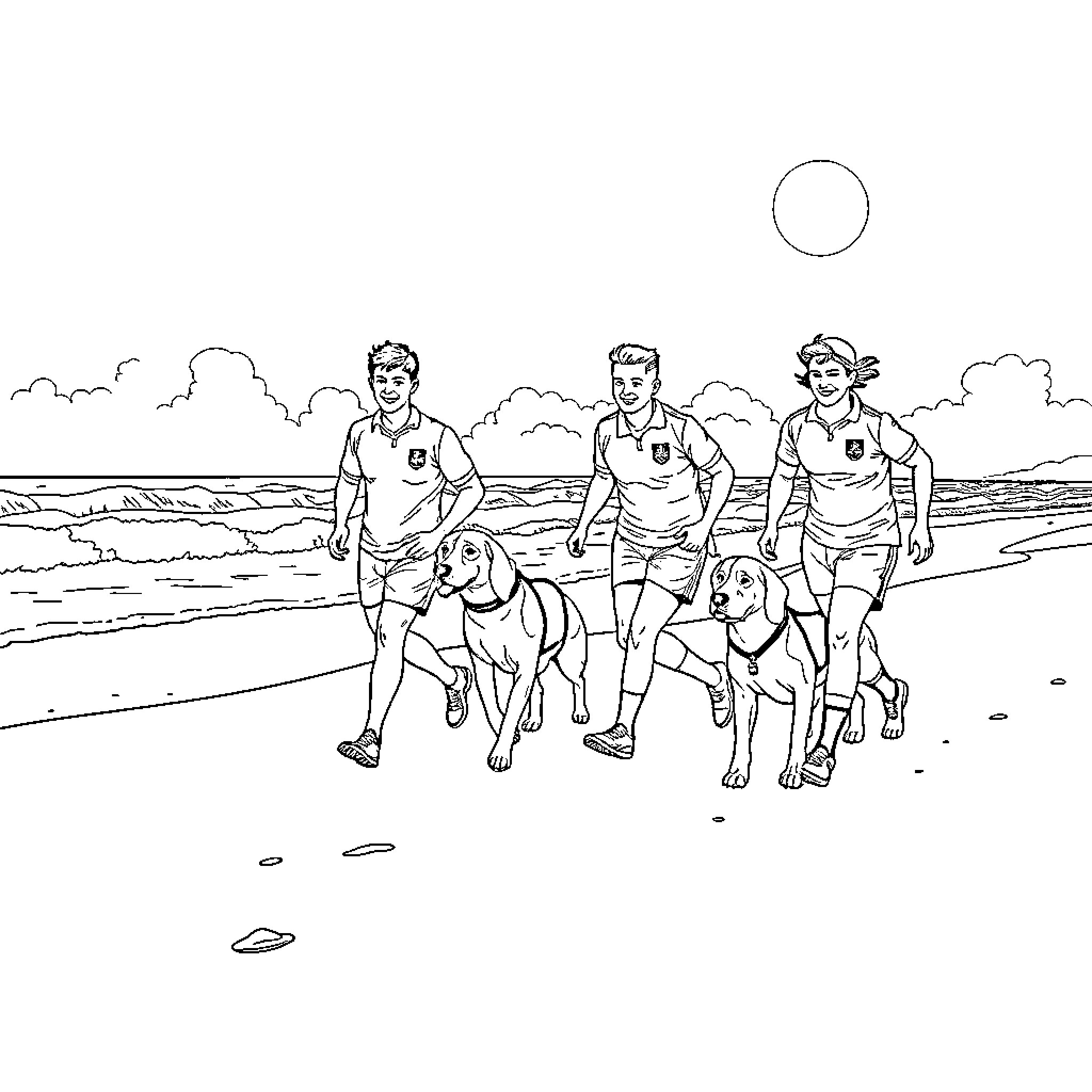Rugby Players Enjoying Time on the Beach Coloring Page (free black-and-white line drawing printable PDF for all, from beginners to advanced learners, including children, teens, adults, and seniors)