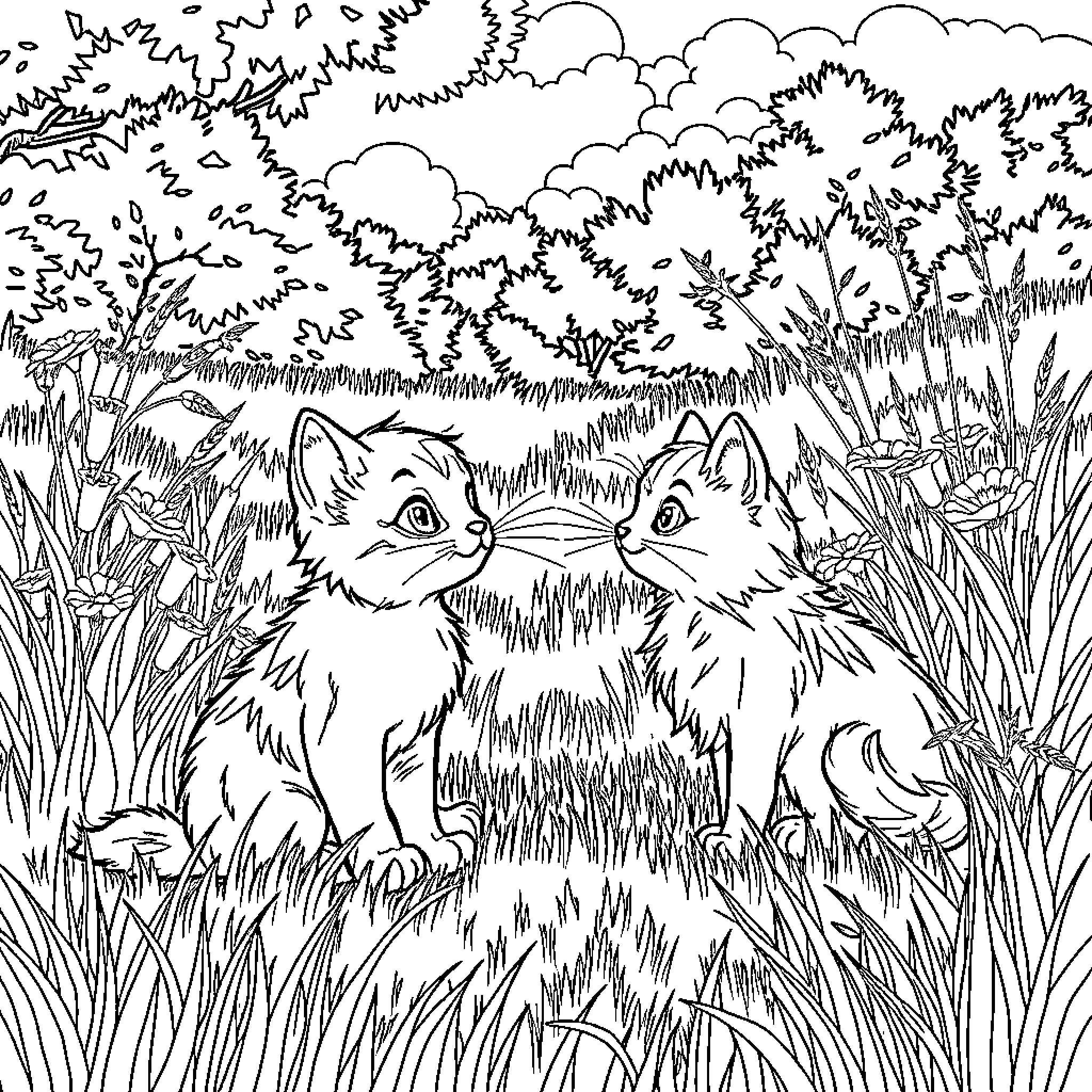 Warriors in the Woodland Wilderness Coloring Page (free black-and-white line drawing printable PDF for all, from beginners to advanced learners, including children, teens, adults, and seniors)