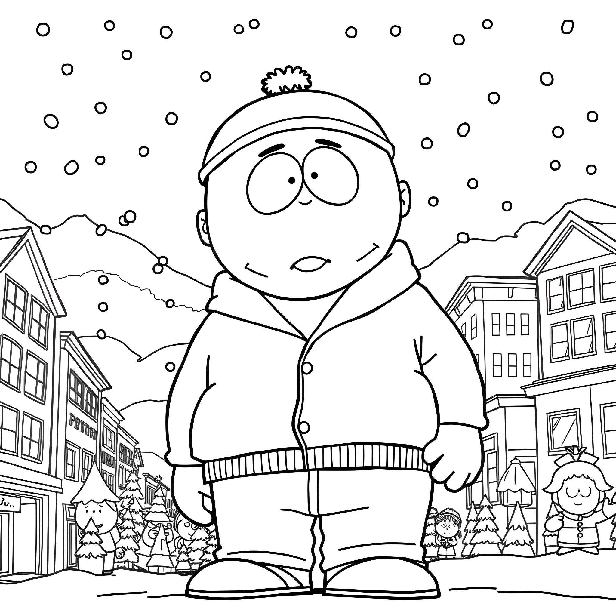 Cartman enjoying the snowy winter scenery Coloring Page (free black-and-white line drawing printable PDF for all, from beginners to advanced learners, including children, teens, adults, and seniors)