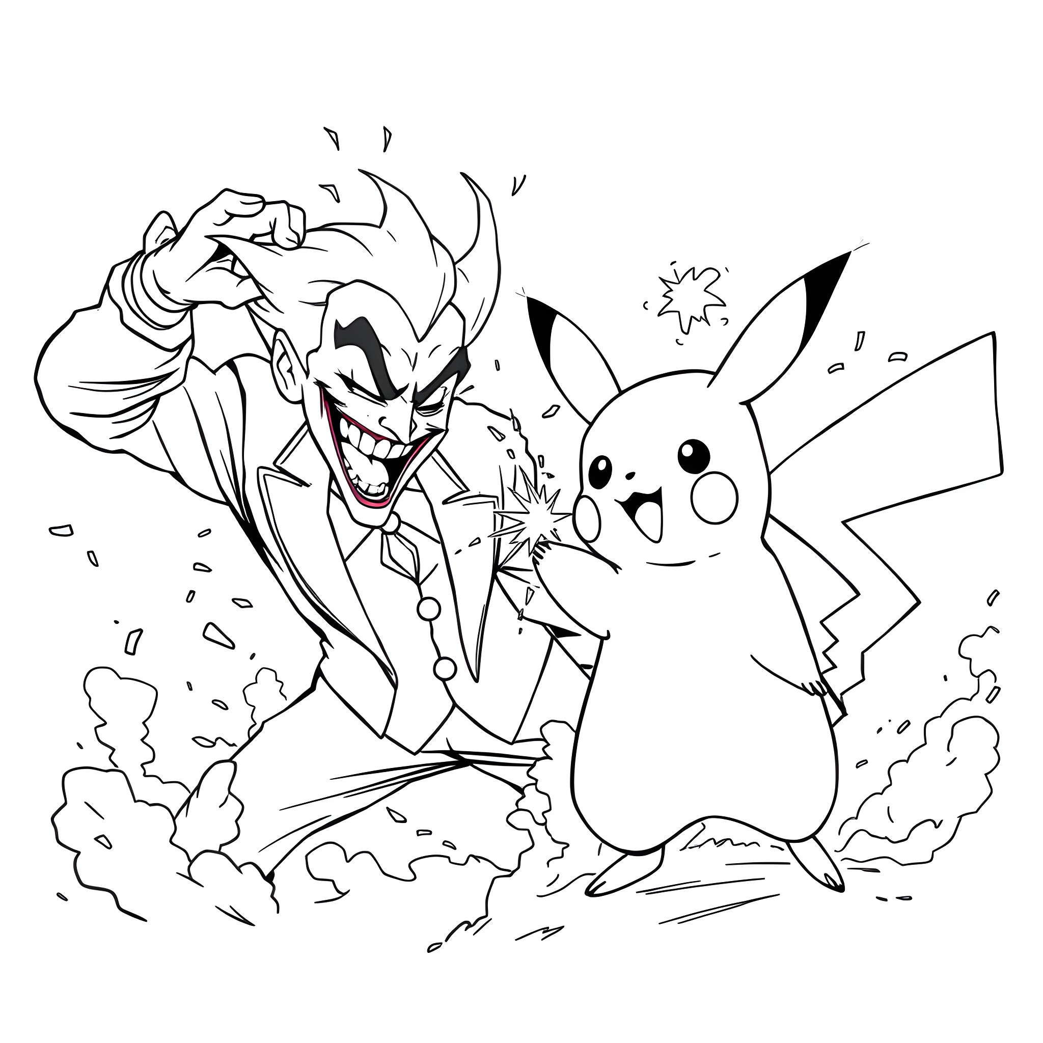Joker battling Pikachu in chaotic confrontation Coloring Page (free black-and-white line drawing printable PDF for all, from beginners to advanced learners, including children, teens, adults, and seniors)