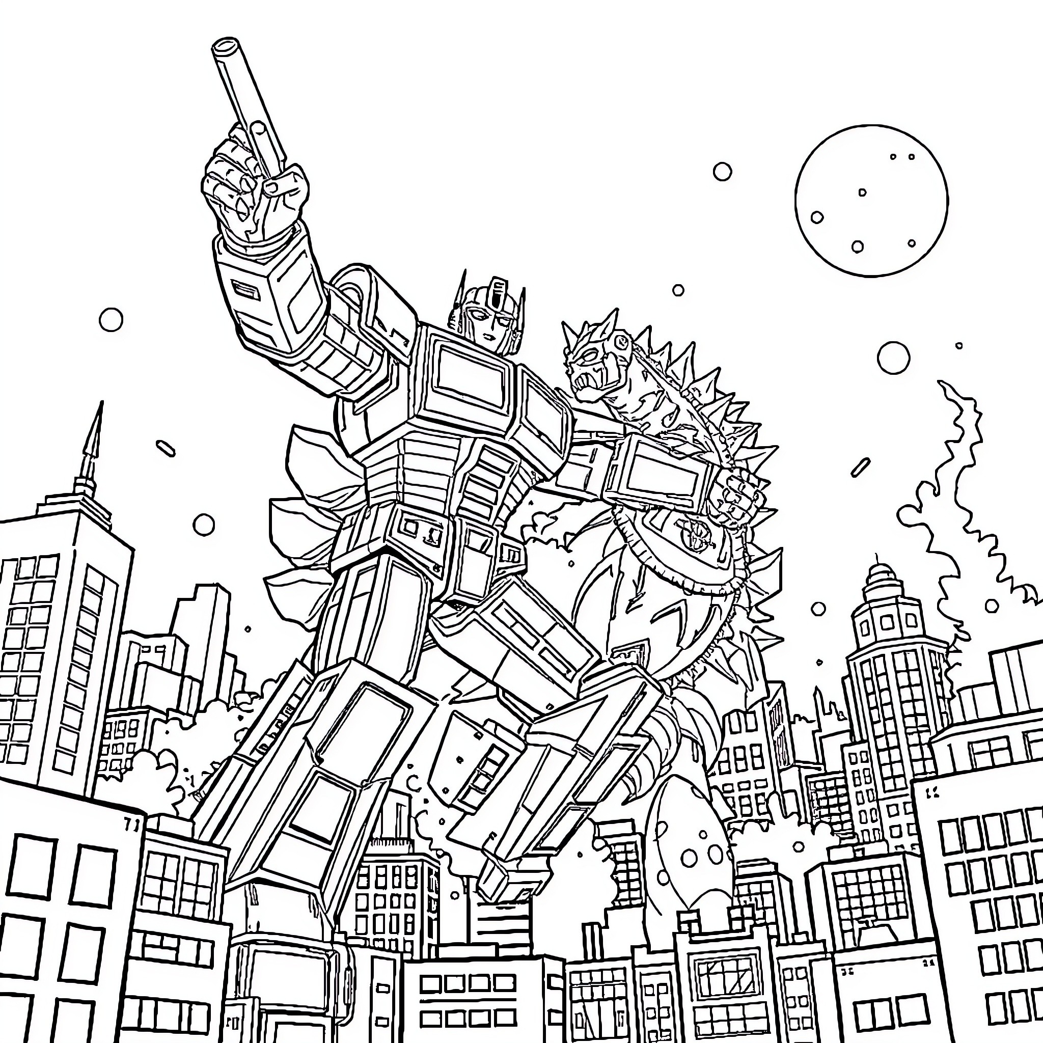 Transformer battling in the city skyline Coloring Page (free black-and-white line drawing printable PDF for all, from beginners to advanced learners, including children, teens, adults, and seniors)