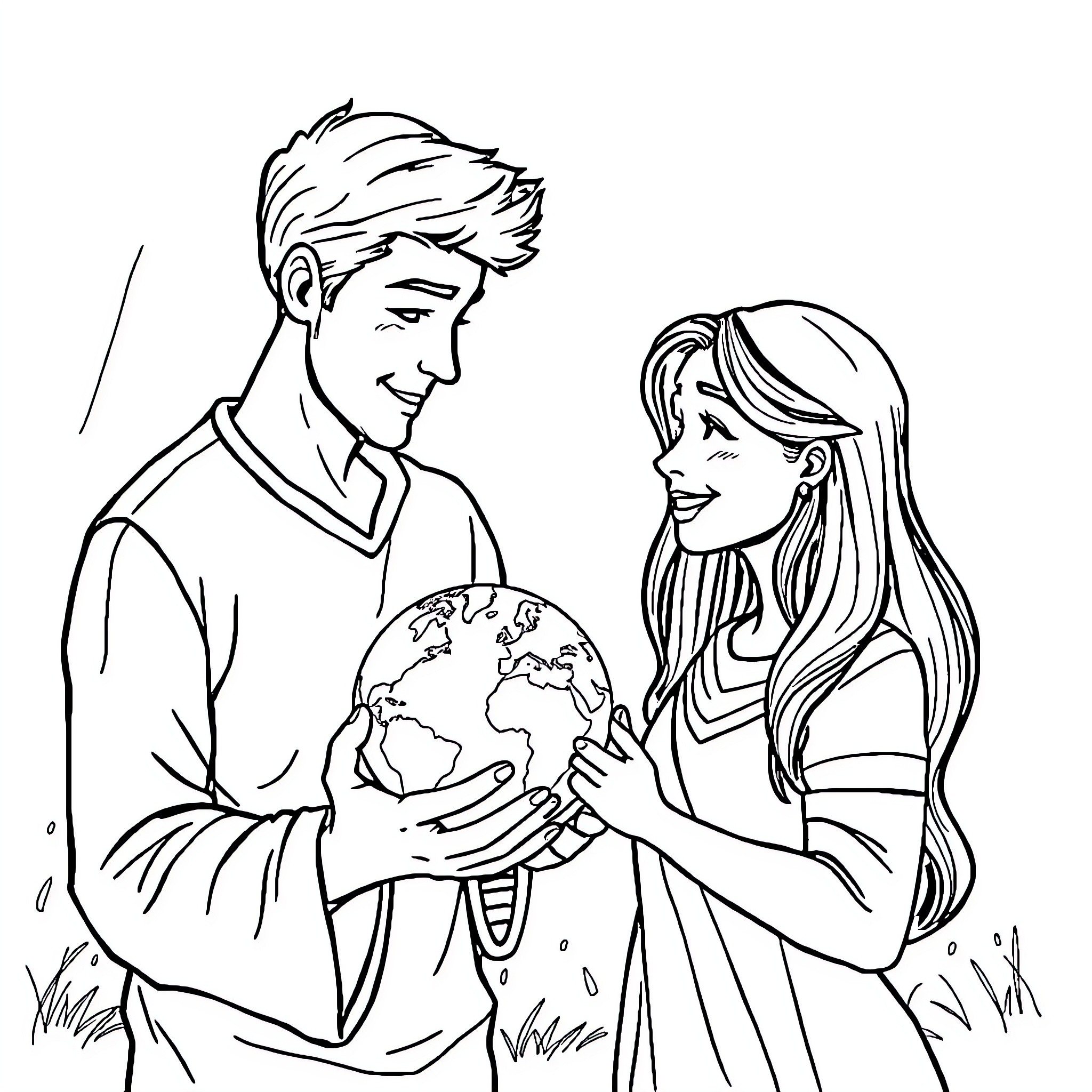 Man and woman discussing world map together Coloring Page (free black-and-white line drawing printable PDF for all, from beginners to advanced learners, including children, teens, adults, and seniors)