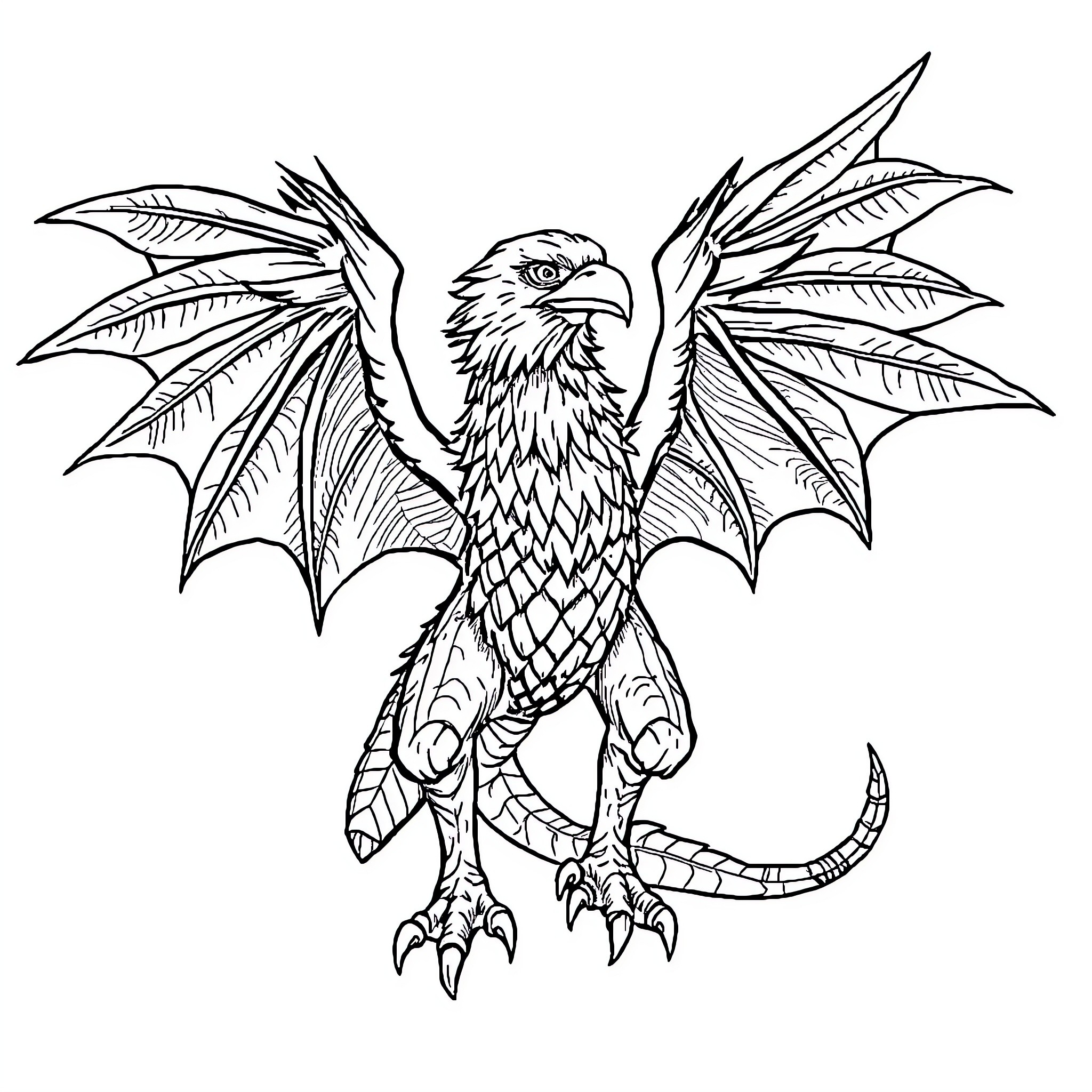 Bat-like creature with wings and talons Coloring Page (free black-and-white line drawing printable PDF for all, from beginners to advanced learners, including children, teens, adults, and seniors)