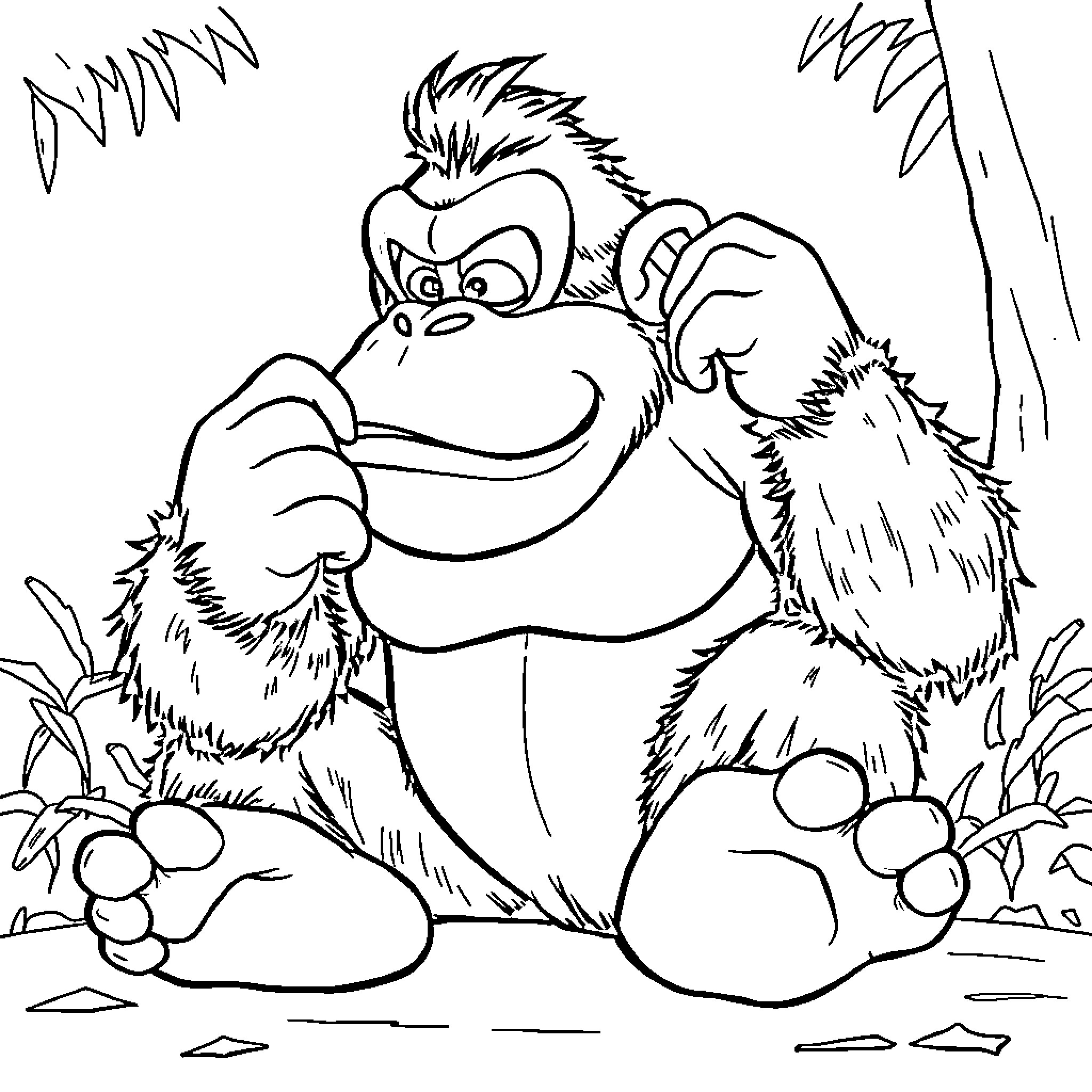 Donkey Kong puzzled expression in the jungle Coloring Page (free black-and-white line drawing printable PDF for all, from beginners to advanced learners, including children, teens, adults, and seniors)