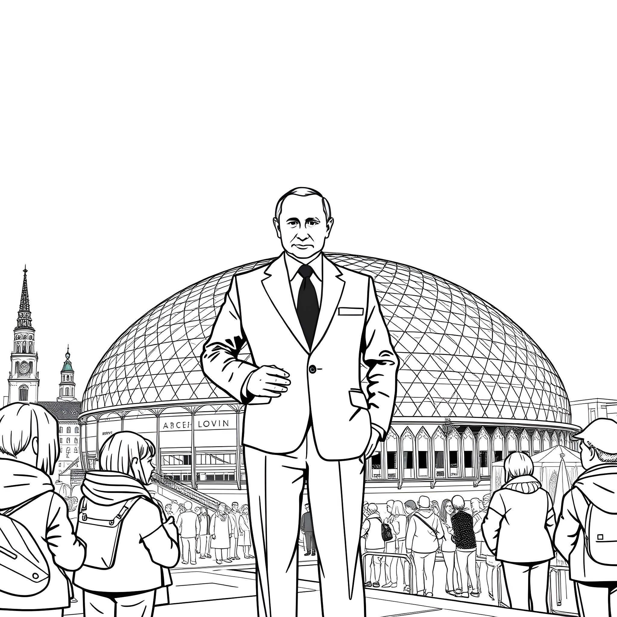 Putin amid Moscow's architectural landmarks Coloring Page (free black-and-white line drawing printable PDF for all, from beginners to advanced learners, including children, teens, adults, and seniors)