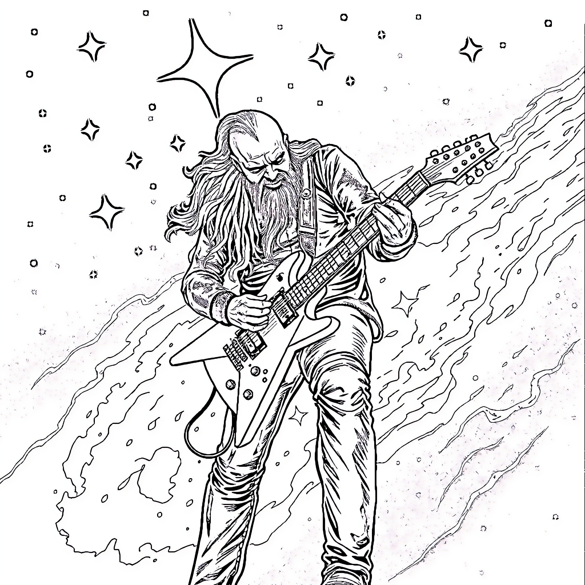 Zakk Wylde rocking out with electric guitar and long hair Coloring Page (free black-and-white line drawing printable PDF for all, from beginners to advanced learners, including children, teens, adults, and seniors)