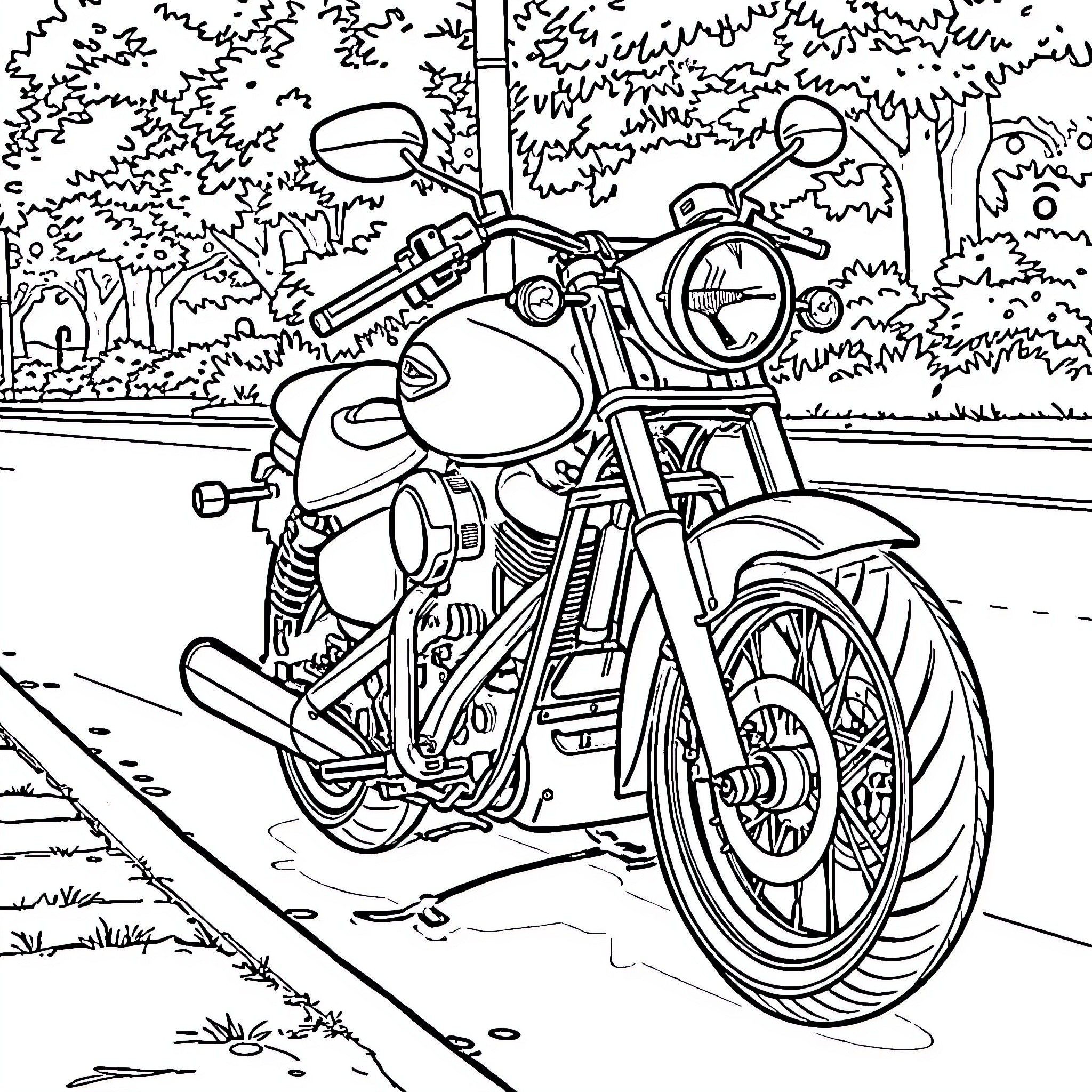 Motor Bike Parked in Scenic Forest Coloring Page (free black-and-white line drawing printable PDF for all, from beginners to advanced learners, including children, teens, adults, and seniors)