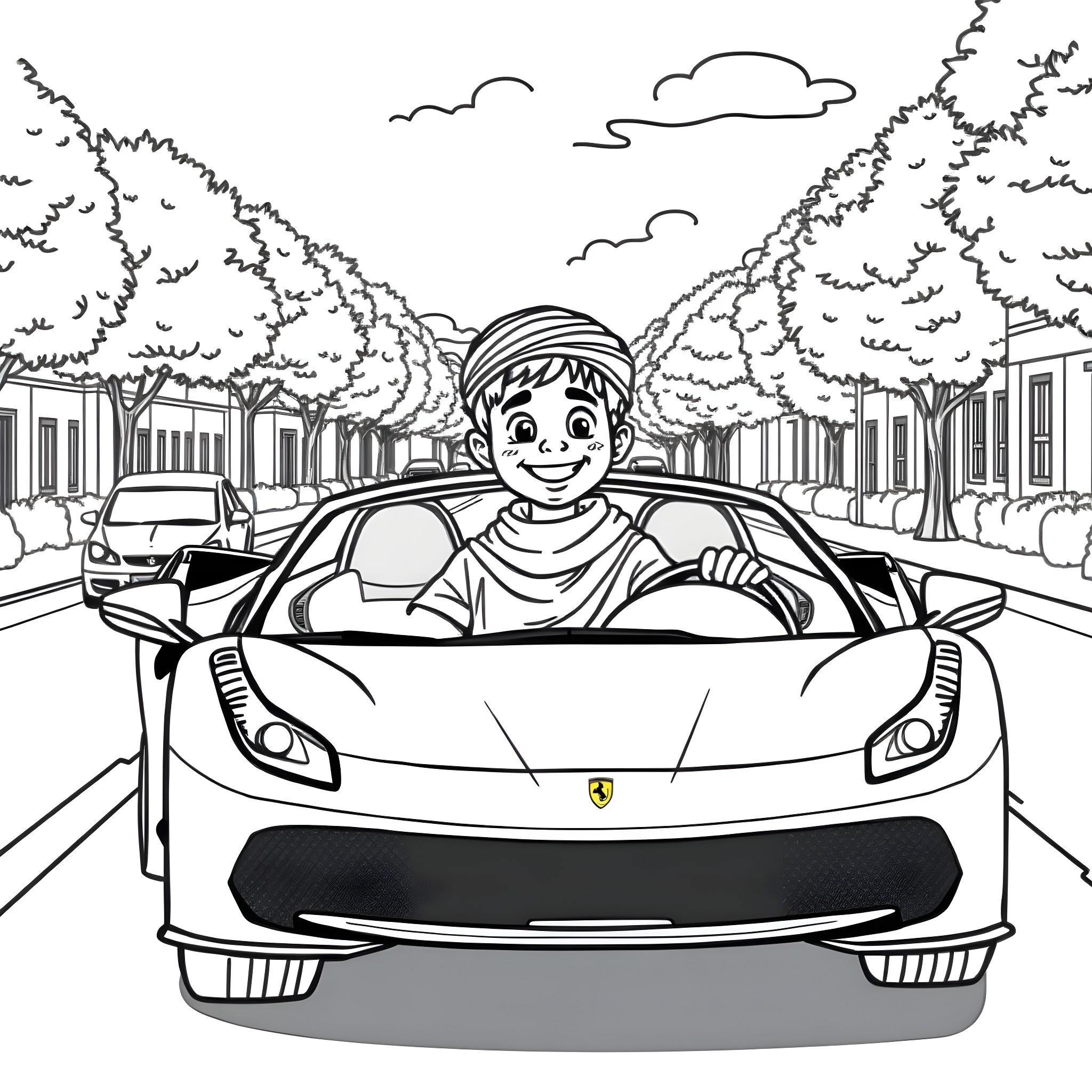 Boy driving a sports car through the city Coloring Page (free black-and-white line drawing printable PDF for all, from beginners to advanced learners, including children, teens, adults, and seniors)