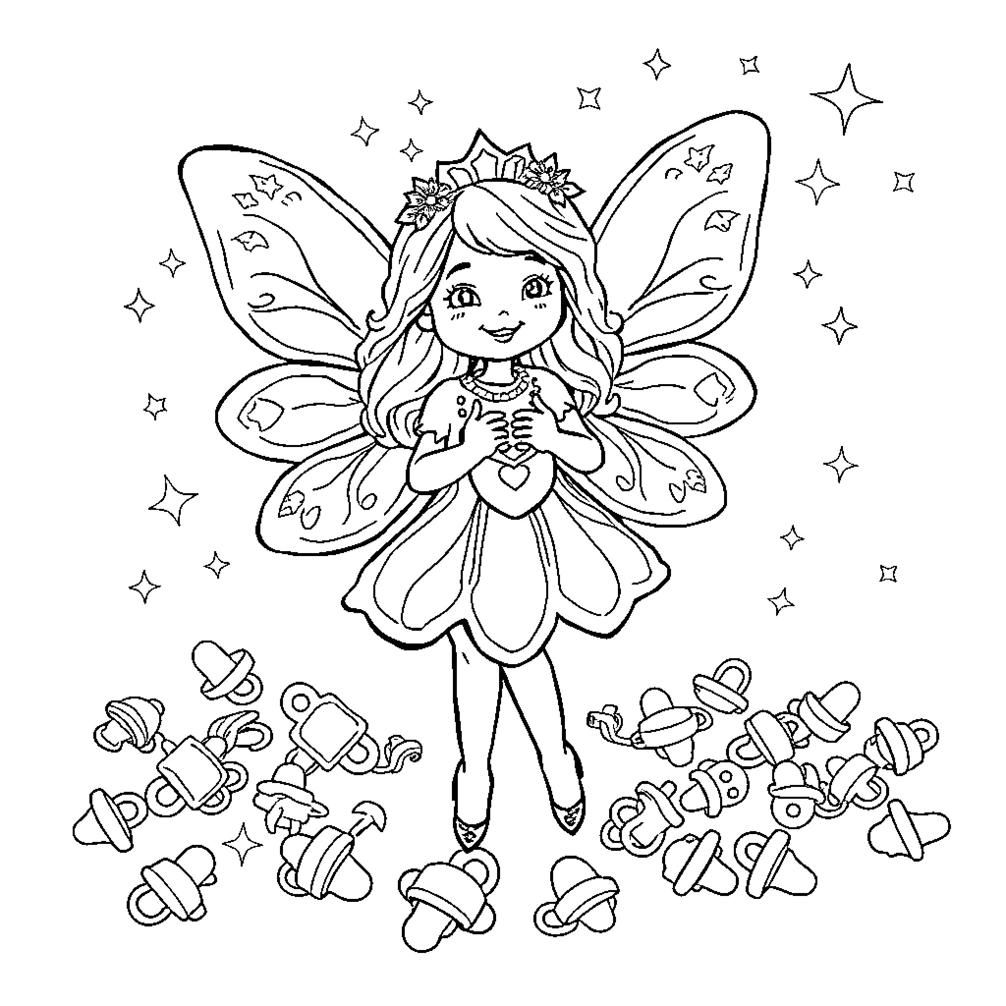 Fairy Godmother helping with magical gifts Coloring Page (free black-and-white line drawing printable PDF for all, from beginners to advanced learners, including children, teens, adults, and seniors)