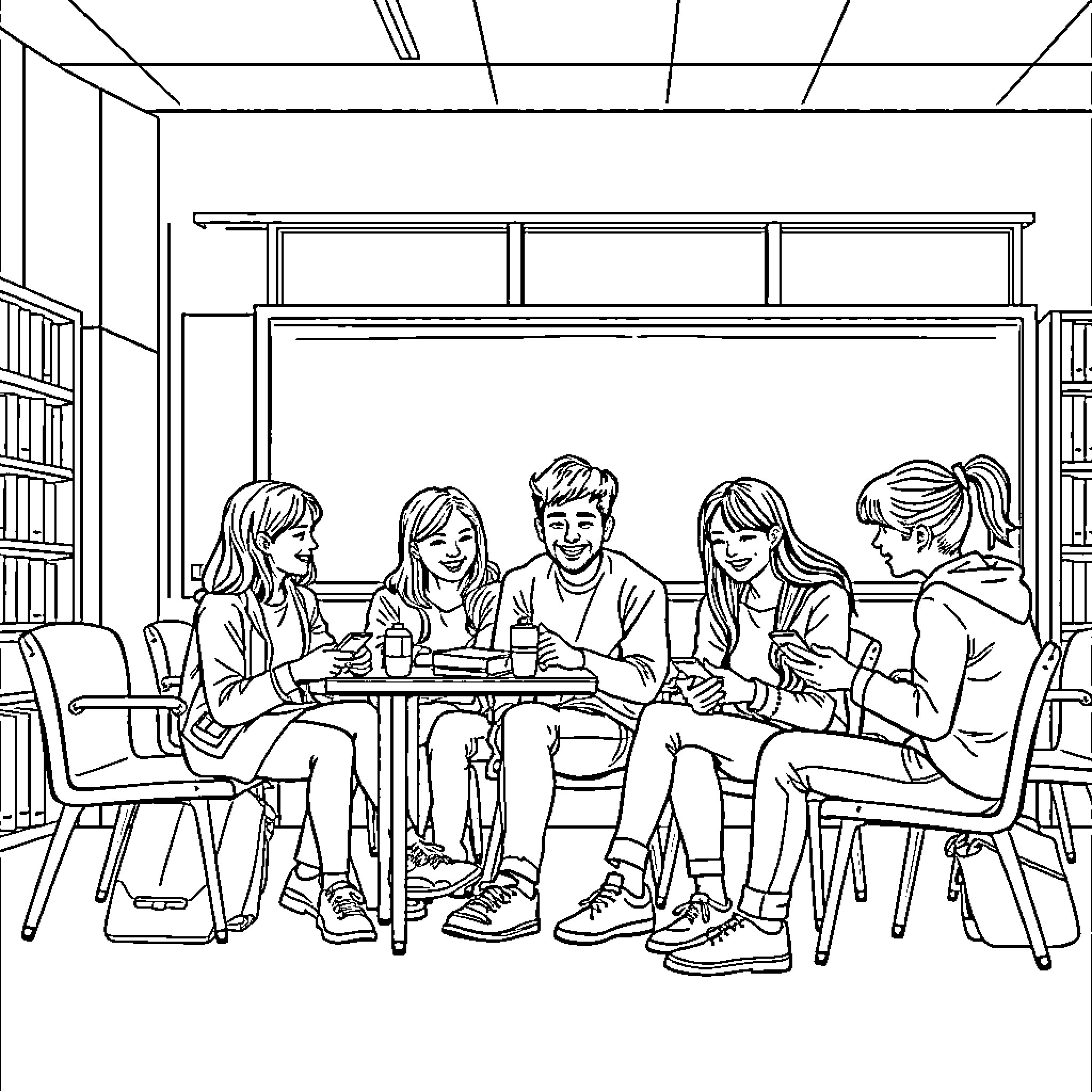 Students socializing and enjoying time together Coloring Page (free black-and-white line drawing printable PDF for all, from beginners to advanced learners, including children, teens, adults, and seniors)