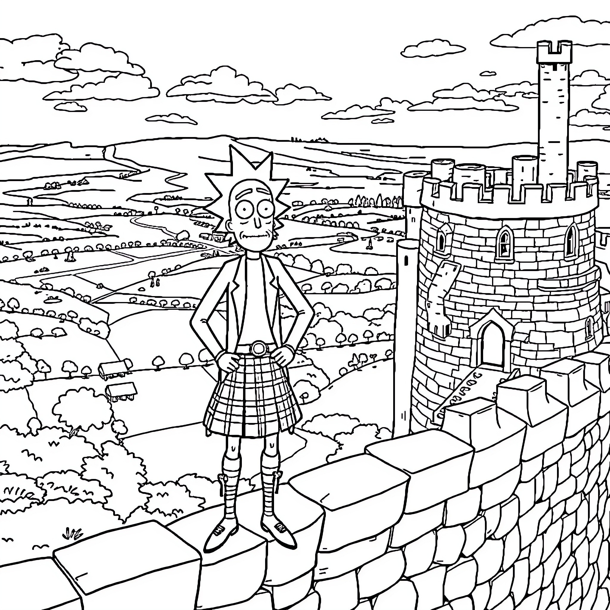 Rick's Whimsical Castle Adventure Coloring Page (free black-and-white line drawing printable PDF for all, from beginners to advanced learners, including children, teens, adults, and seniors)