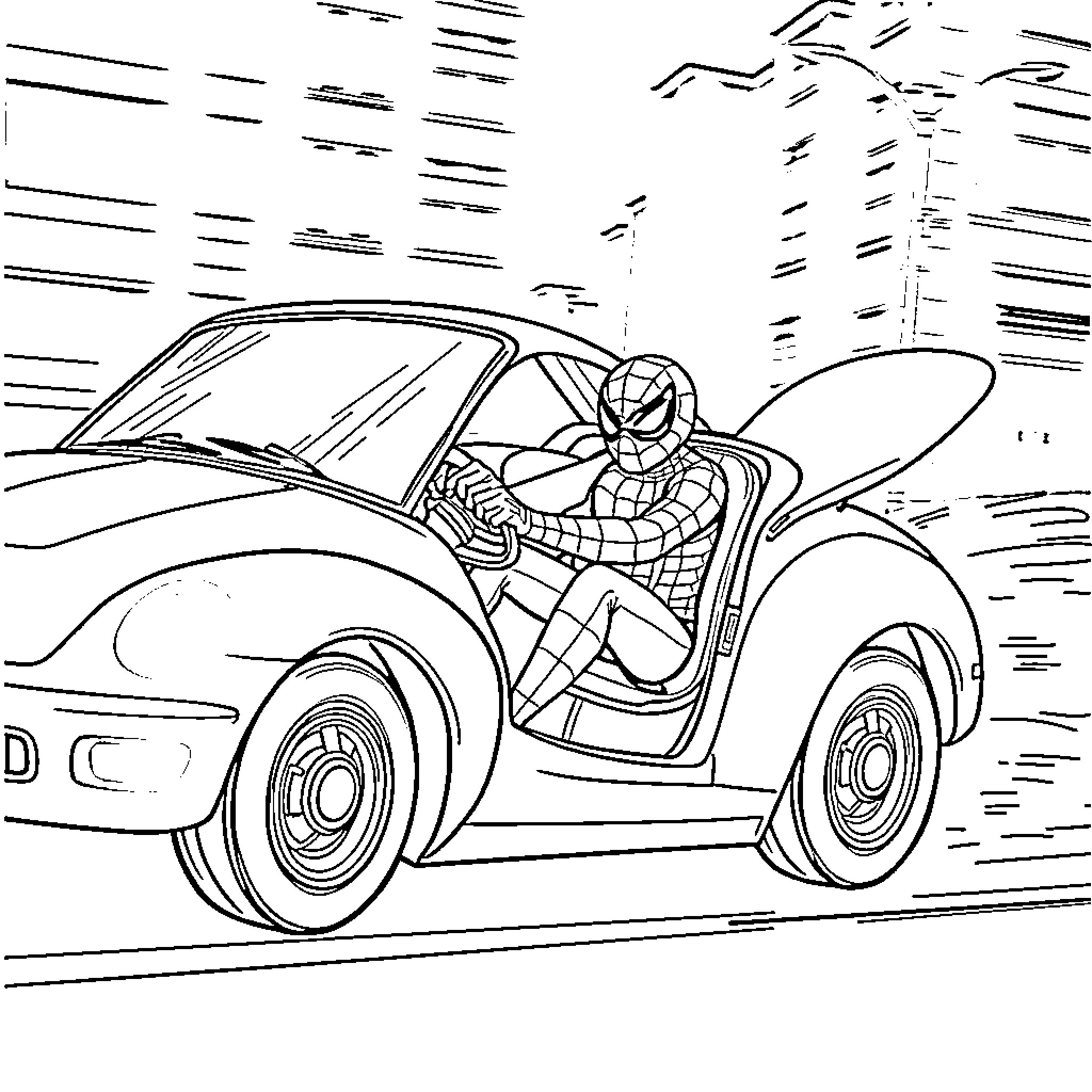Spiderman swinging through city in sports car Coloring Page (free black-and-white line drawing printable PDF for all, from beginners to advanced learners, including children, teens, adults, and seniors)
