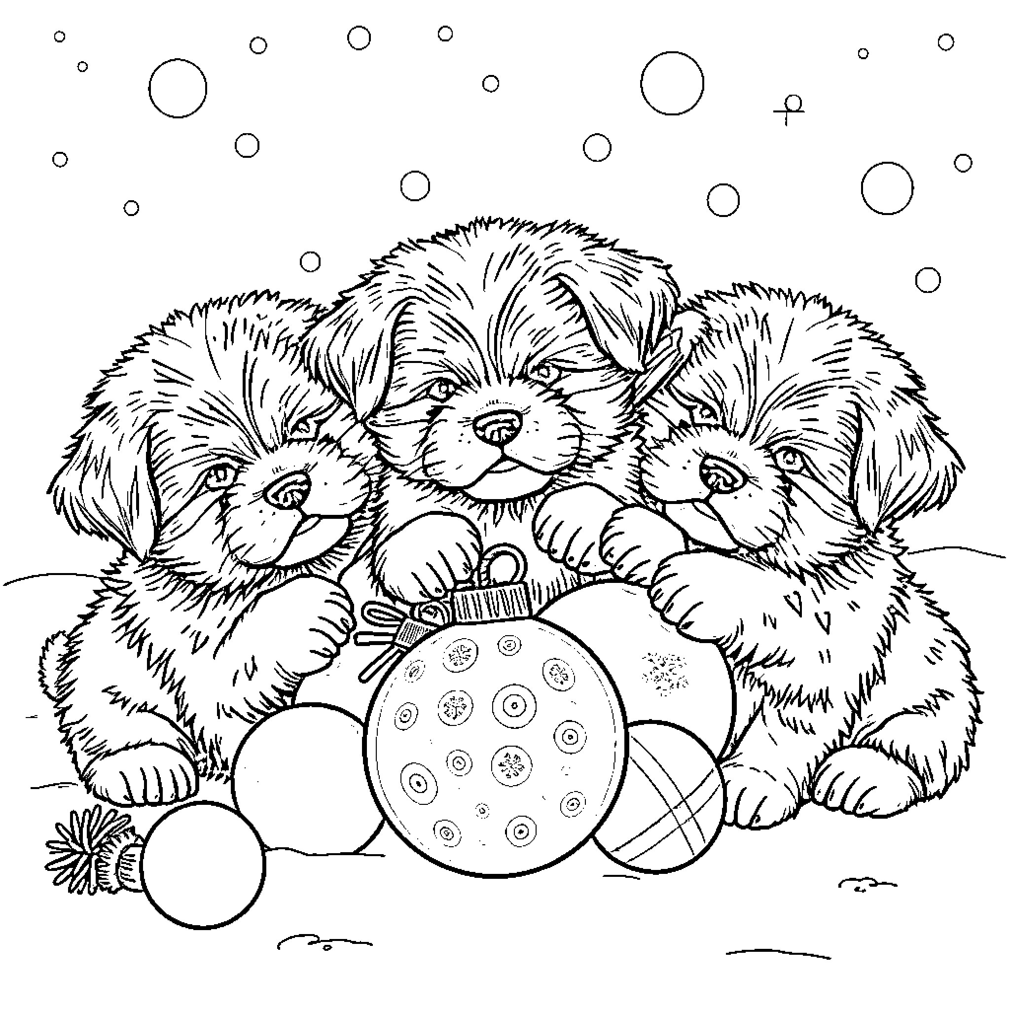 Puppy playing with toys in the snow Coloring Page (free black-and-white line drawing printable PDF for all, from beginners to advanced learners, including children, teens, adults, and seniors)