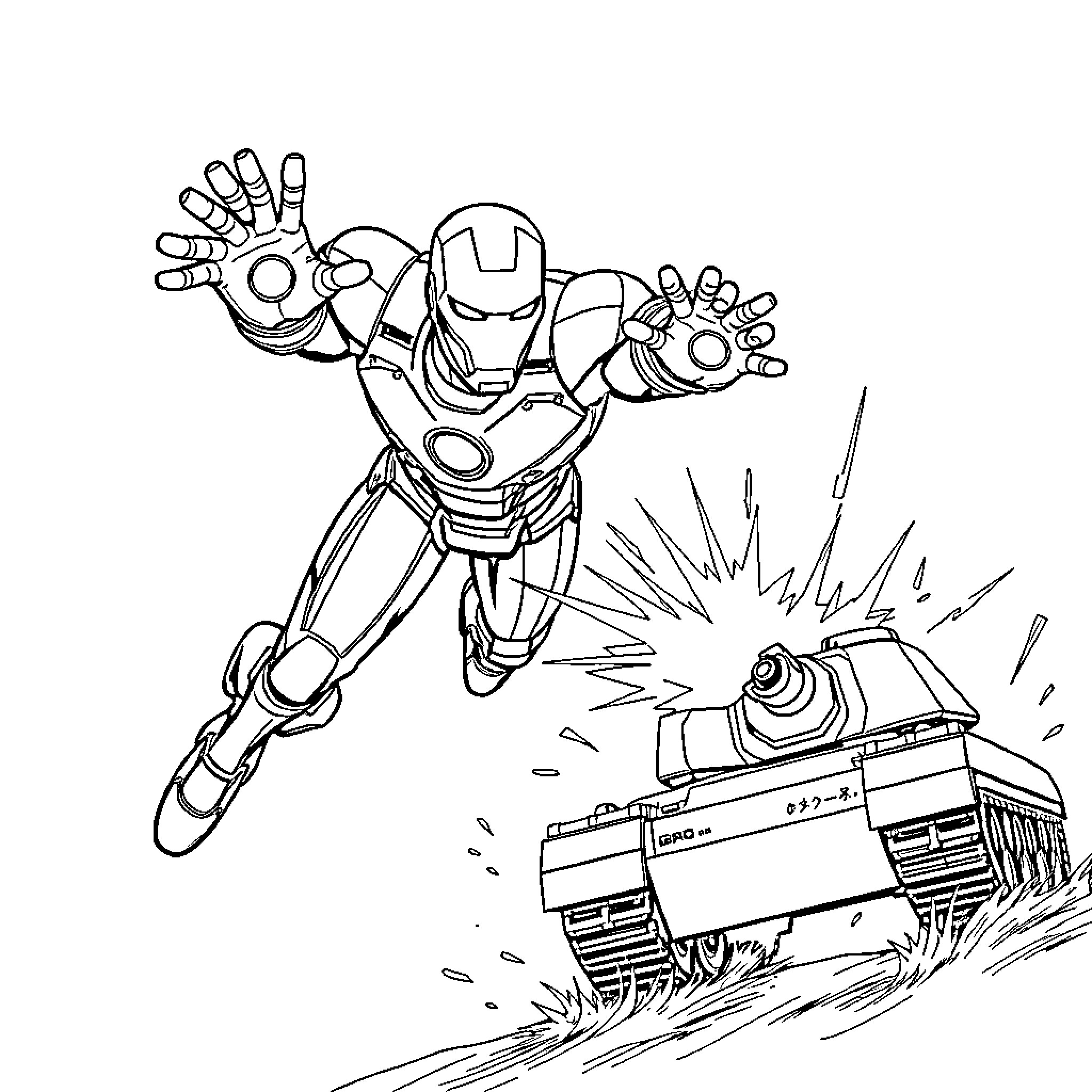 Iron Man blasting through obstacles with determination Coloring Page (free black-and-white line drawing printable PDF for all, from beginners to advanced learners, including children, teens, adults, and seniors)