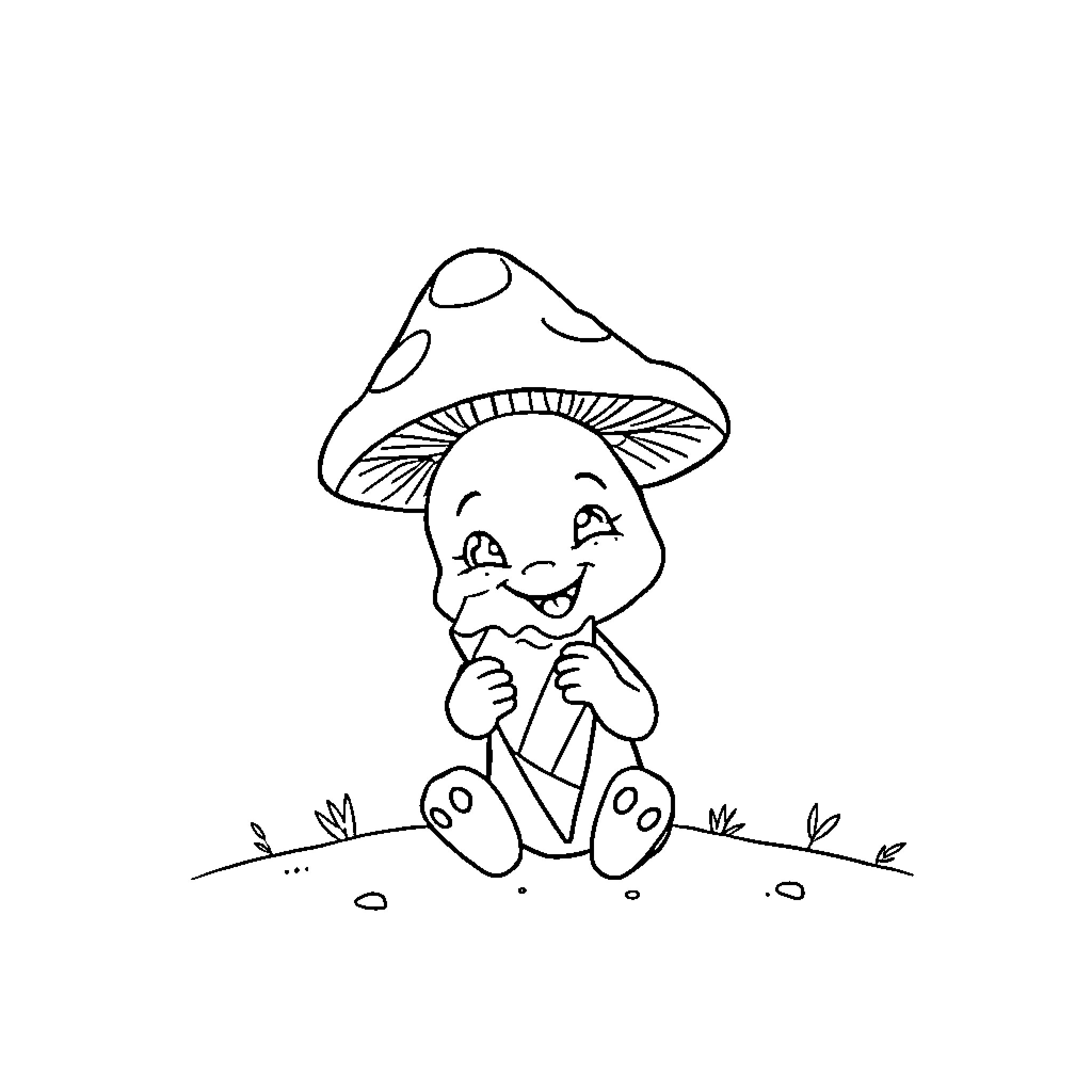 Mushroom character smiling and sitting on the ground Coloring Page (free black-and-white line drawing printable PDF for all, from beginners to advanced learners, including children, teens, adults, and seniors)