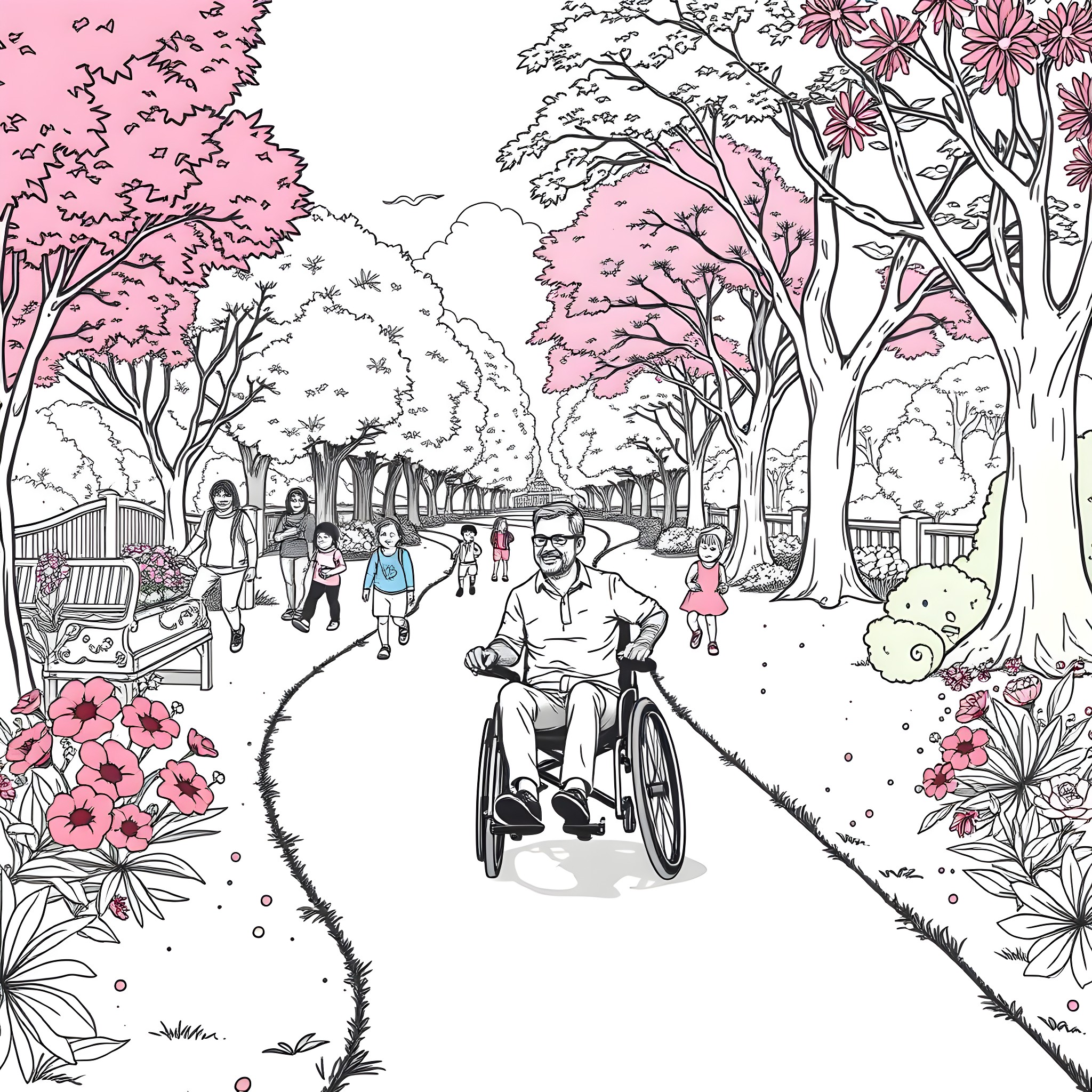 Man in wheelchair enjoying cherry blossom park Coloring Page (free black-and-white line drawing printable PDF for all, from beginners to advanced learners, including children, teens, adults, and seniors)