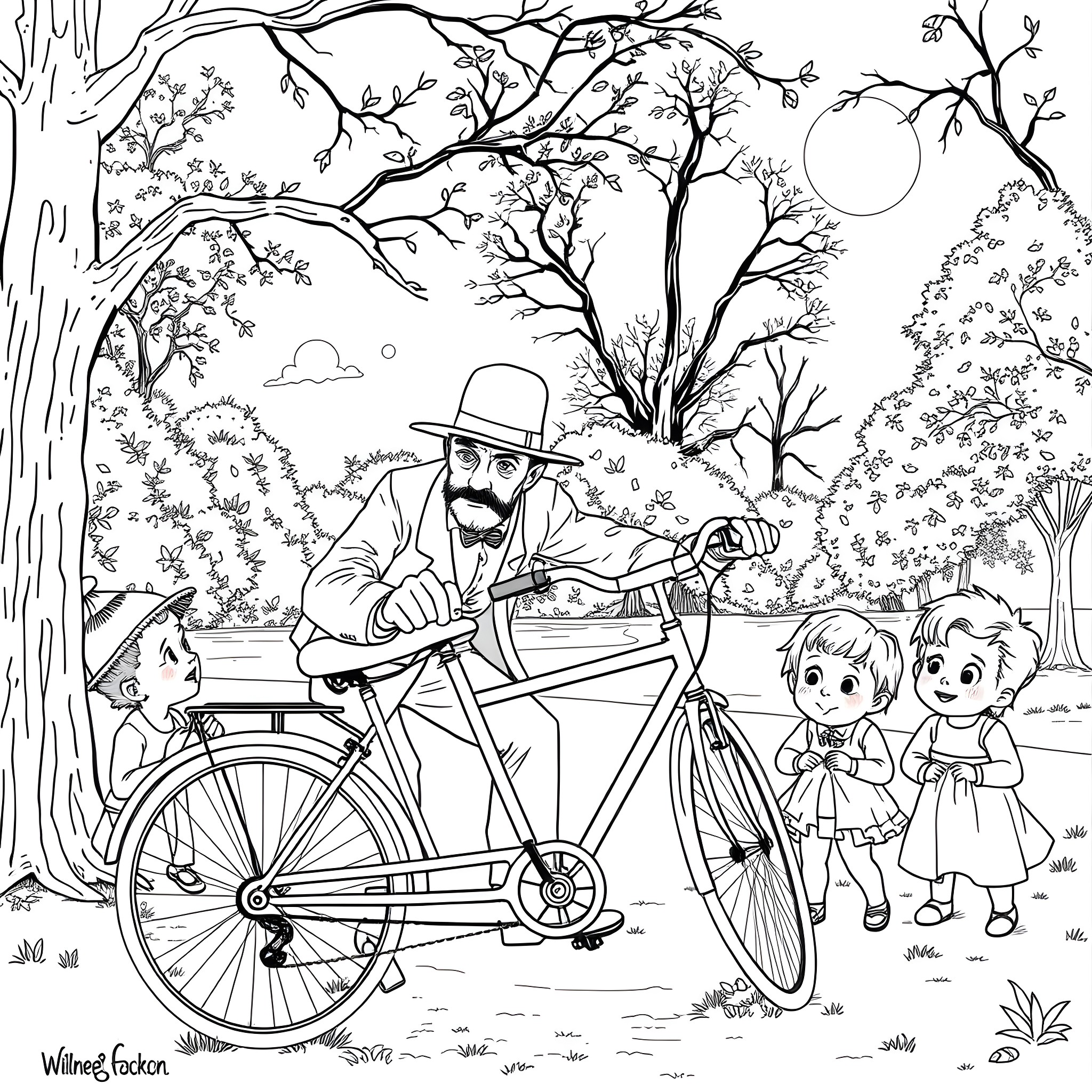 Vincent van Gogh's Vibrant Countryside Encounter Coloring Page (free black-and-white line drawing printable PDF for all, from beginners to advanced learners, including children, teens, adults, and seniors)