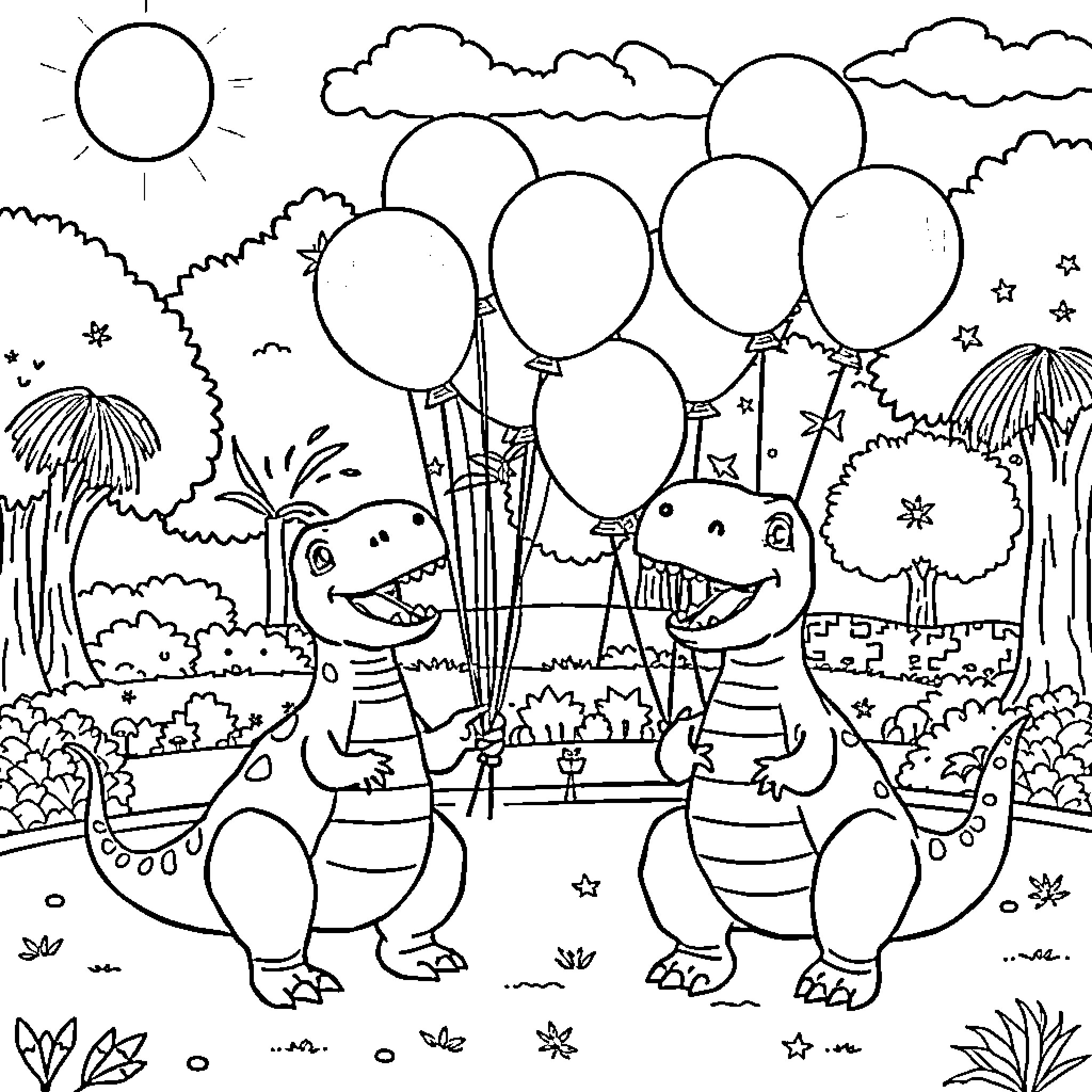 Dino friends celebrate with balloons in the park Coloring Page (free black-and-white line drawing printable PDF for all, from beginners to advanced learners, including children, teens, adults, and seniors)
