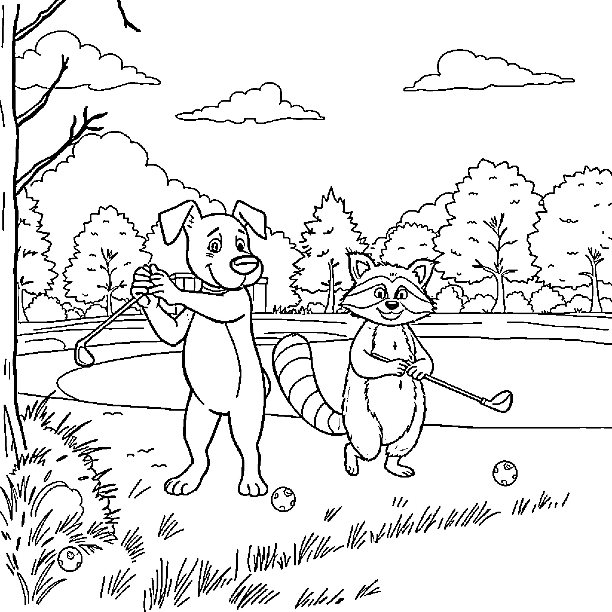 Dog and raccoon playing in the park Coloring Page (free black-and-white line drawing printable PDF for all, from beginners to advanced learners, including children, teens, adults, and seniors)