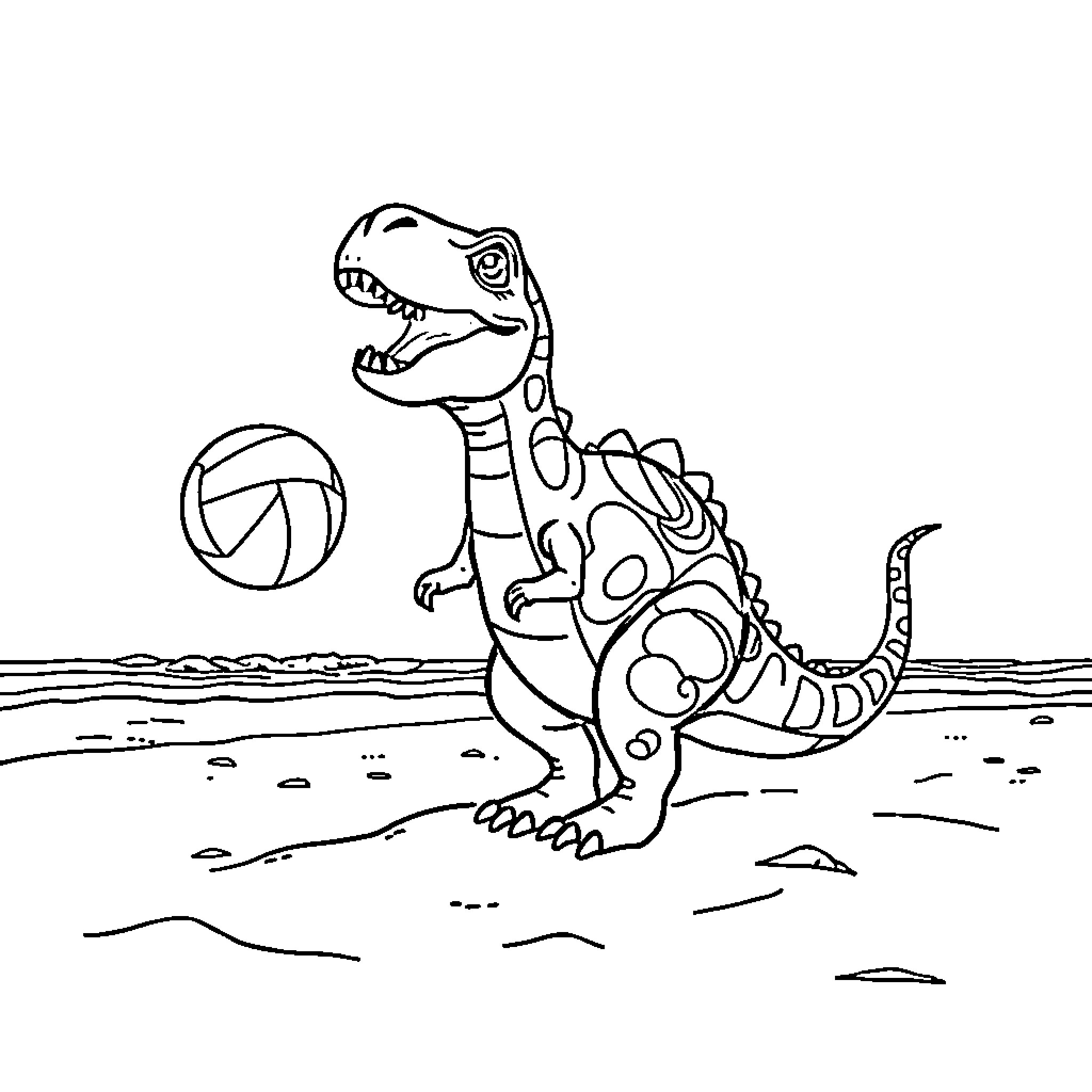Dinosaur playing joyfully with beach ball Coloring Page (free black-and-white line drawing printable PDF for all, from beginners to advanced learners, including children, teens, adults, and seniors)
