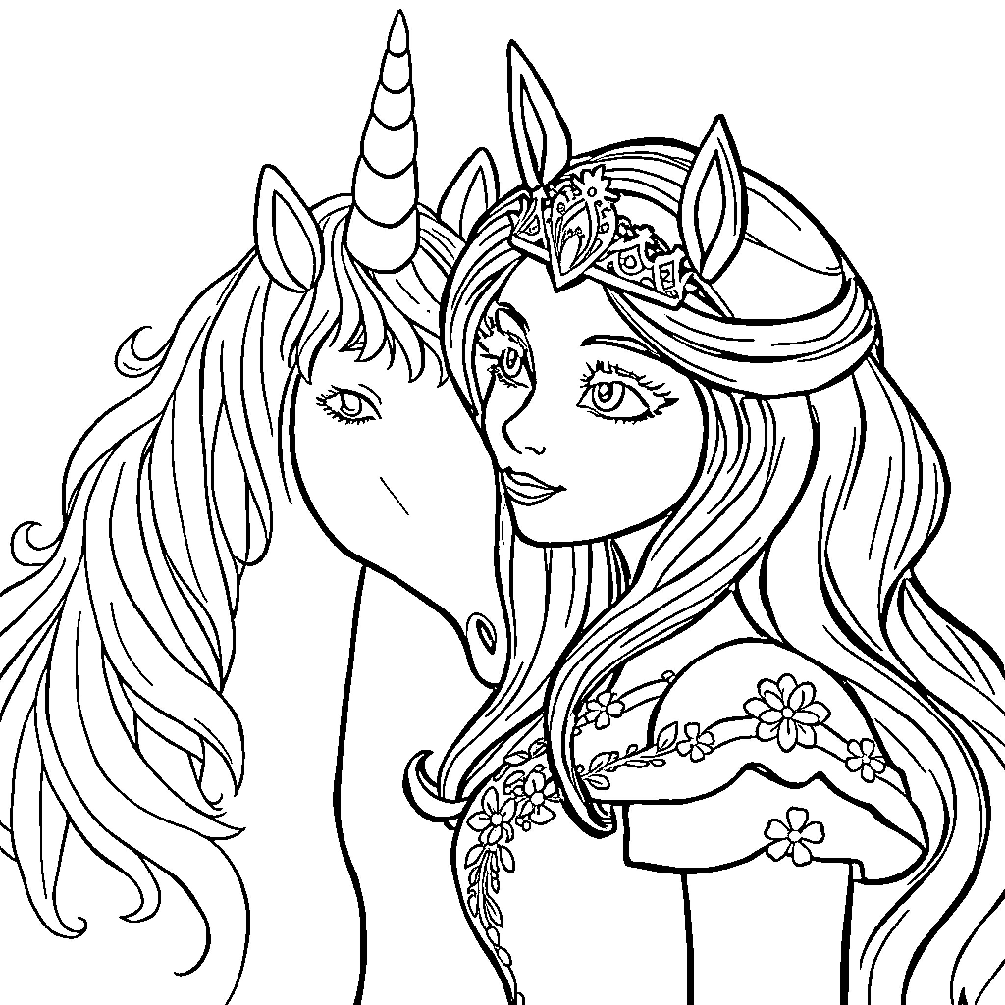 Princess and her Unicorn Companion Coloring Page (free black-and-white line drawing printable PDF for all, from beginners to advanced learners, including children, teens, adults, and seniors)