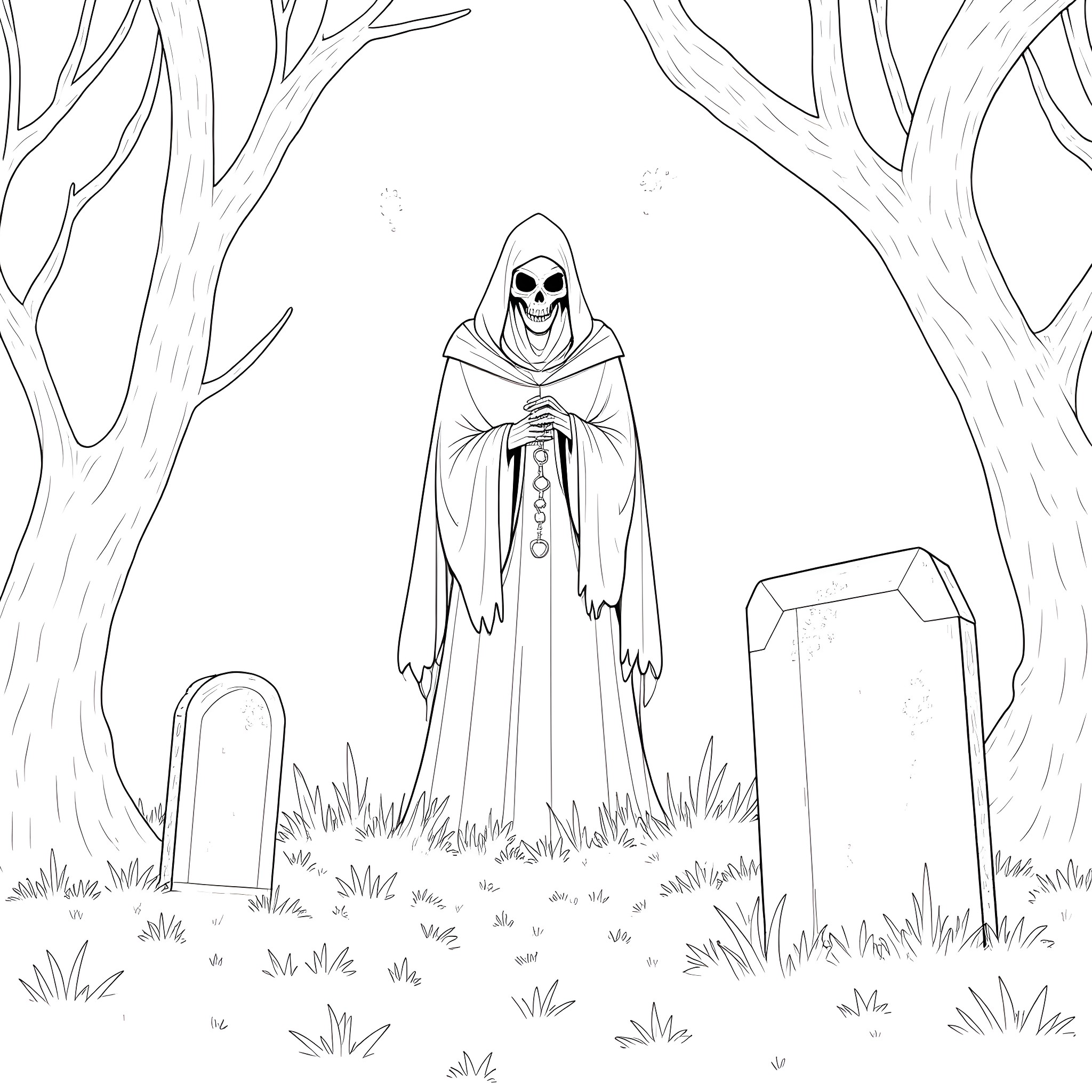 Grim Reaper looming ominously in a spooky forest Coloring Page (free black-and-white line drawing printable PDF for all, from beginners to advanced learners, including children, teens, adults, and seniors)