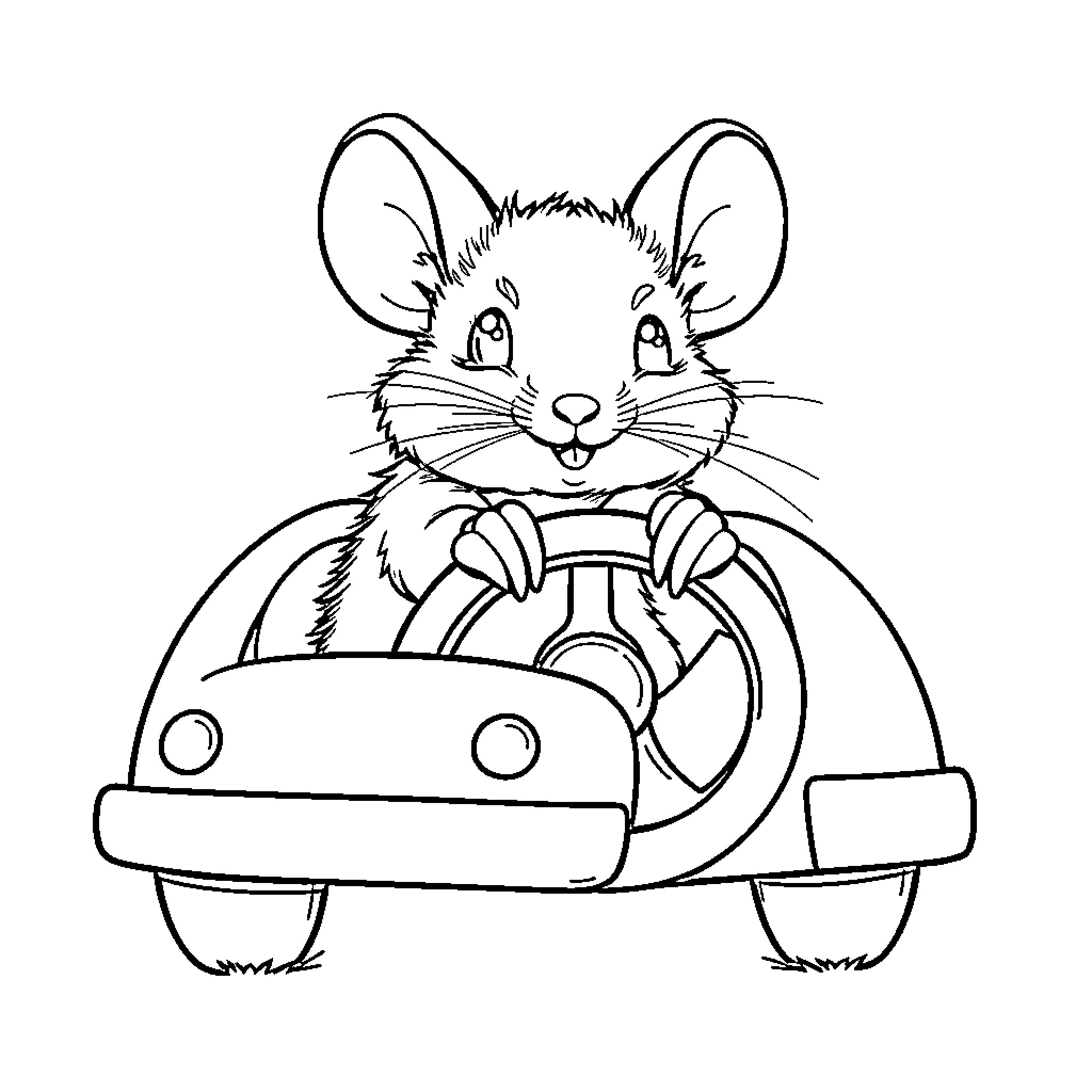 Mouse driving a toy car happily Coloring Page (free black-and-white line drawing printable PDF for all, from beginners to advanced learners, including children, teens, adults, and seniors)