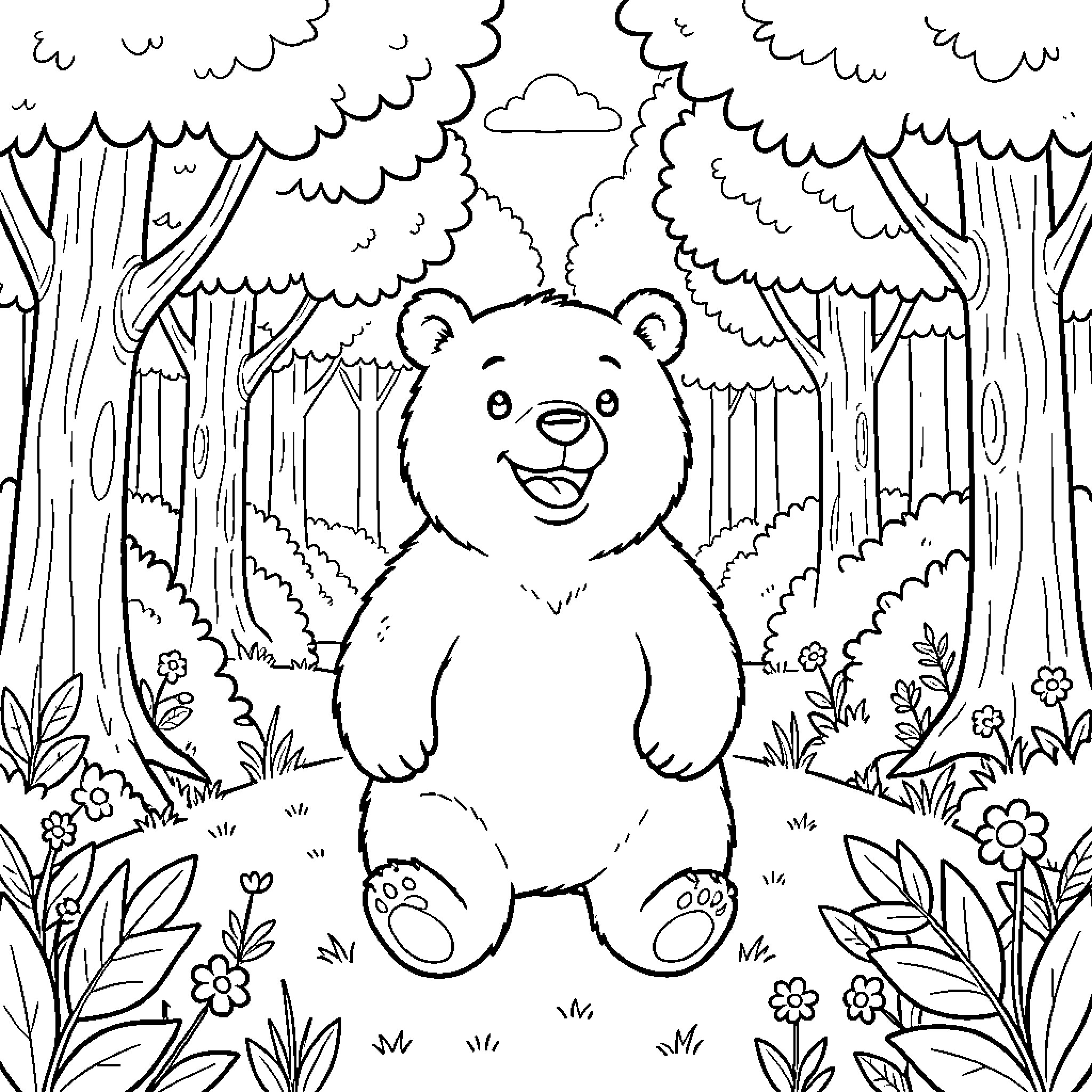 Bear happily exploring the forest Coloring Page (free black-and-white line drawing printable PDF for all, from beginners to advanced learners, including children, teens, adults, and seniors)