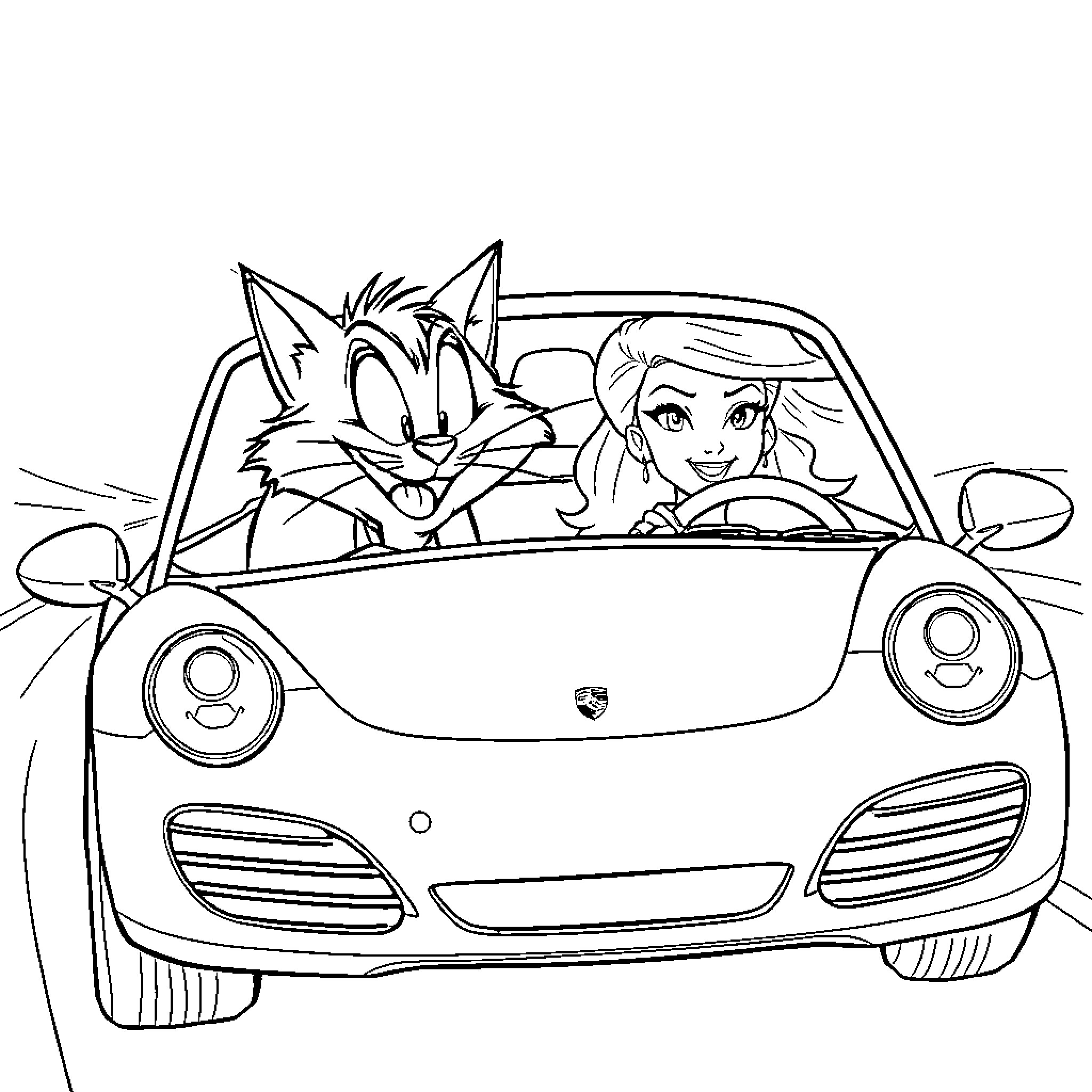 Sylvester and Cartoon Character Ride in Sports Car Coloring Page (free black-and-white line drawing printable PDF for all, from beginners to advanced learners, including children, teens, adults, and seniors)