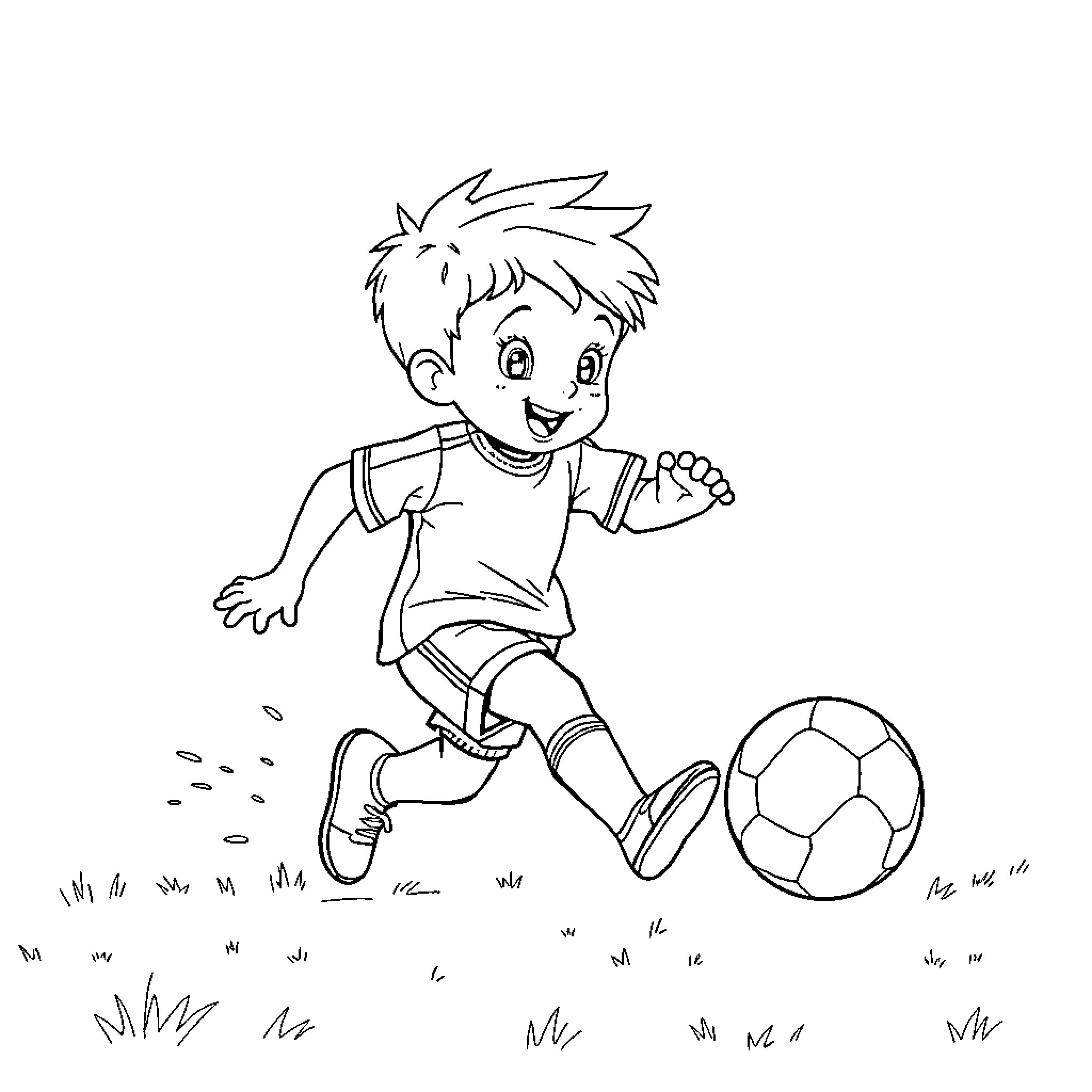 Child playing happily with soccer ball Coloring Page (free black-and-white line drawing printable PDF for all, from beginners to advanced learners, including children, teens, adults, and seniors)