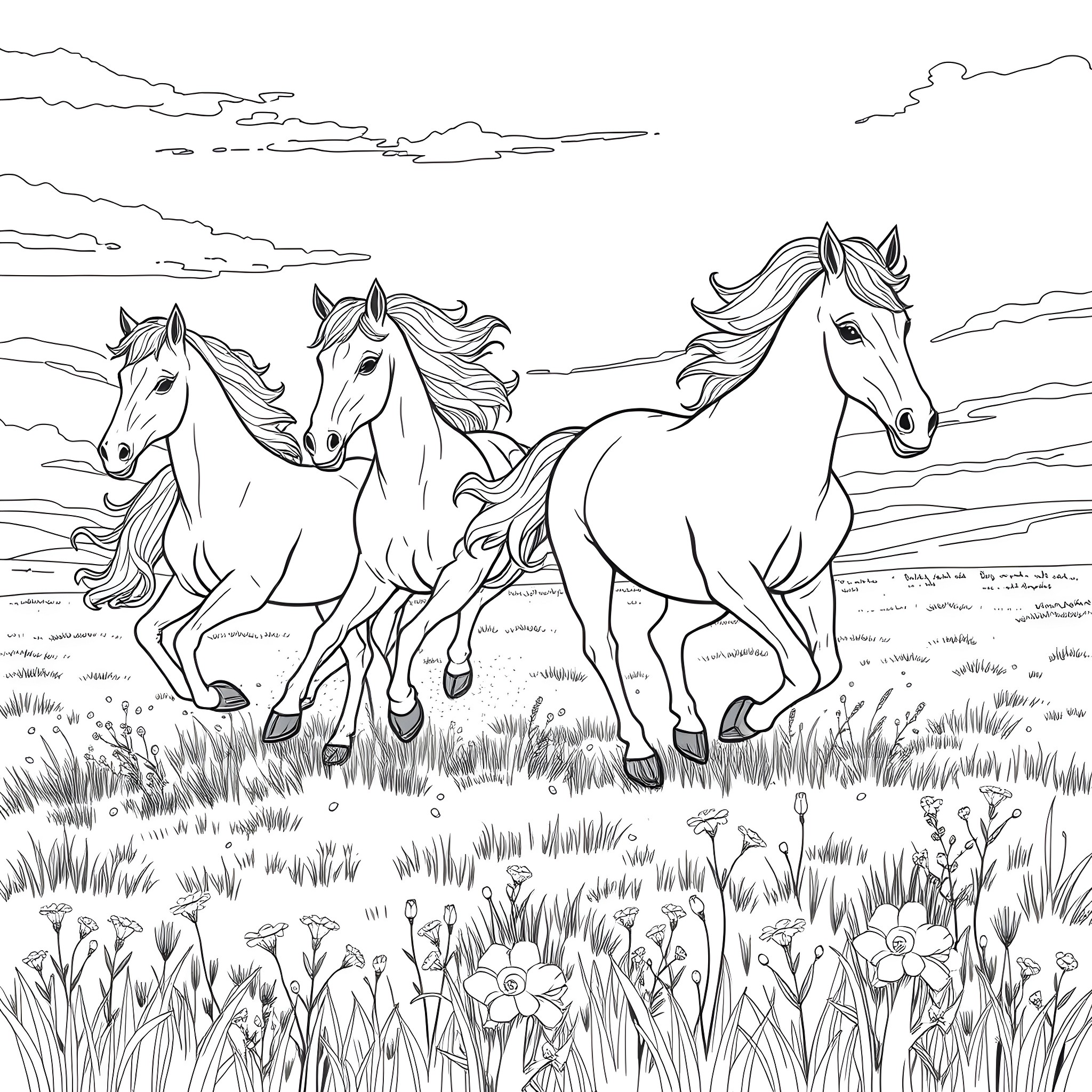 Horses galloping freely in the meadow Coloring Page (free black-and-white line drawing printable PDF for all, from beginners to advanced learners, including children, teens, adults, and seniors)