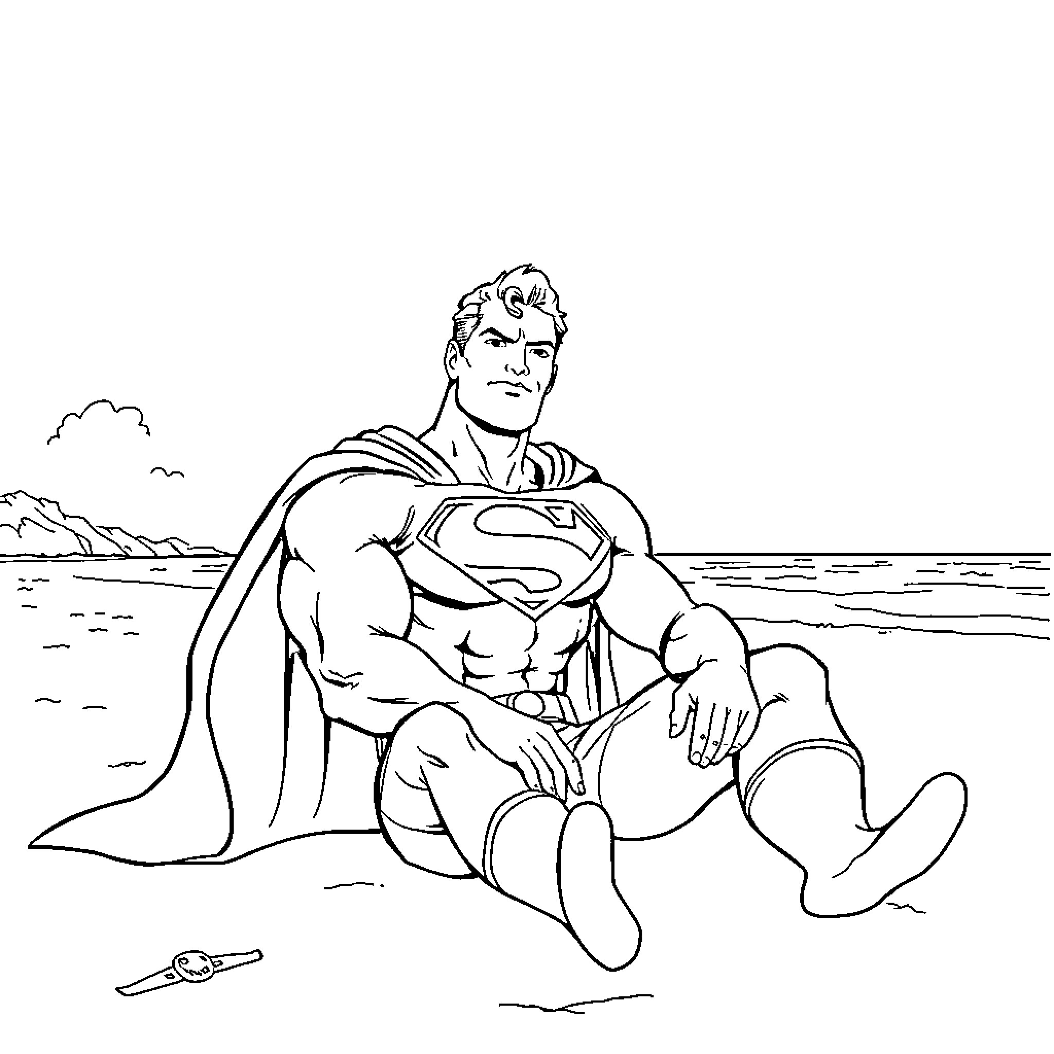 Superman resting peacefully on the beach Coloring Page (free black-and-white line drawing printable PDF for all, from beginners to advanced learners, including children, teens, adults, and seniors)