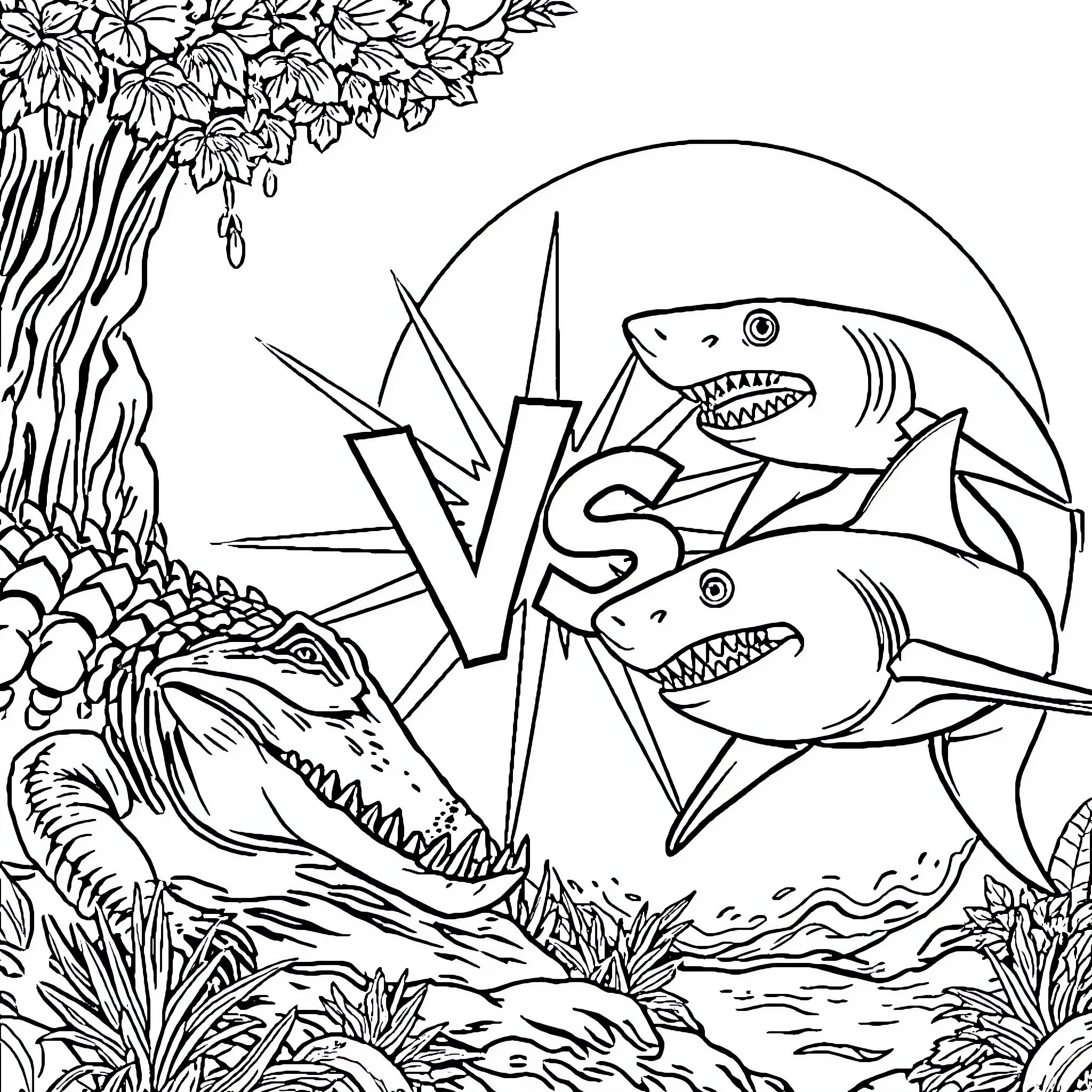 Crocodile vs. Sharks in Underwater Jungle Scene Coloring Page (free black-and-white line drawing printable PDF for all, from beginners to advanced learners, including children, teens, adults, and seniors)